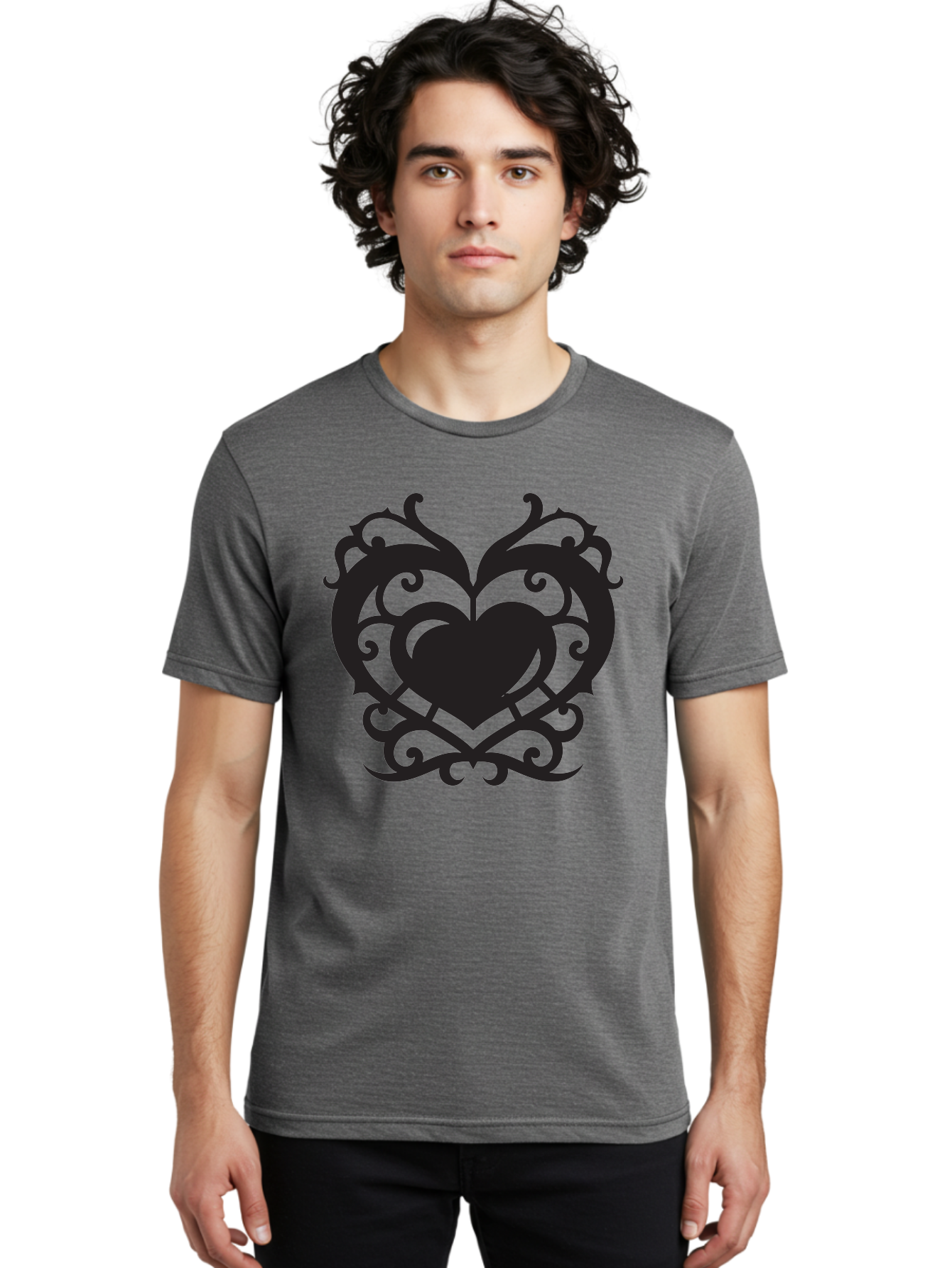 Tribal-Heart Men'S Graphic Tee, 100% Cotton, Comfortable Casual Summer Wear, Machine Washable, Heart Symbol, Decorative Heart, Gothic Design, Intricate Patterns, Filigree Art, Symbolic Love, Ornate Details, Heart Shape, Elegant Design, Aab300