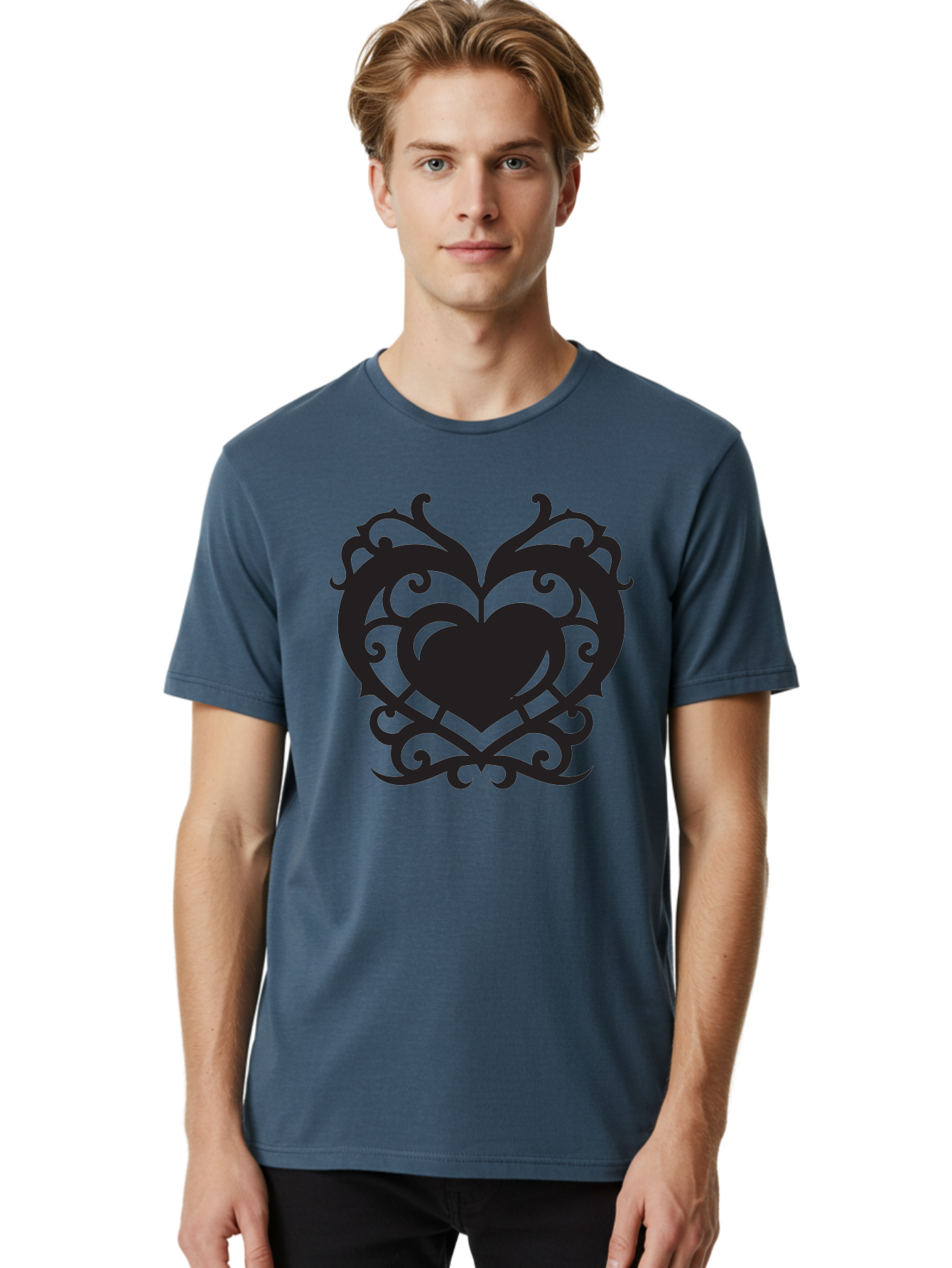 Tribal-Heart Men'S Graphic Tee, 100% Cotton, Comfortable Casual Summer Wear, Machine Washable, Heart Symbol, Decorative Heart, Gothic Design, Intricate Patterns, Filigree Art, Symbolic Love, Ornate Details, Heart Shape, Elegant Design, Aab300