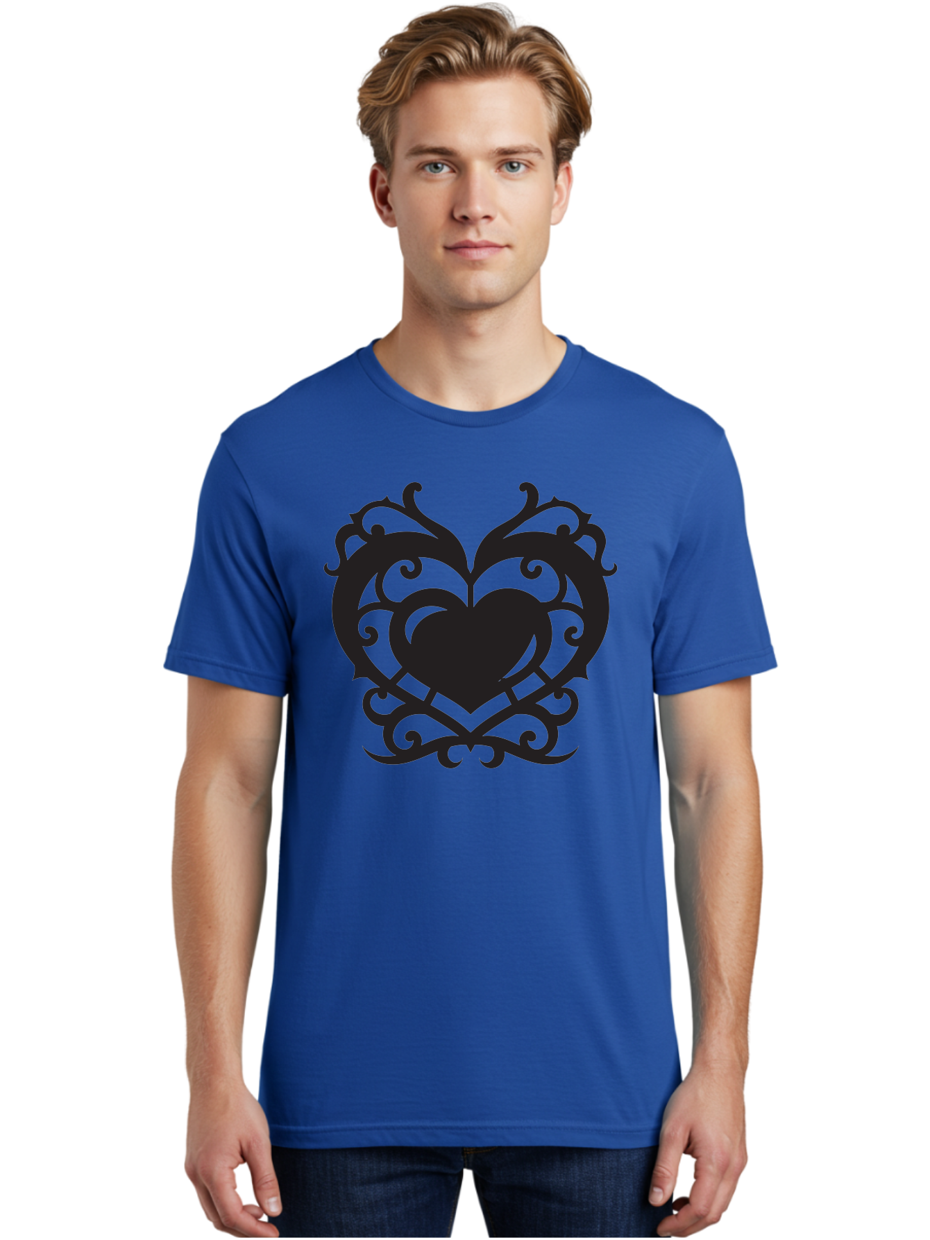 Tribal-Heart Men'S Graphic Tee, 100% Cotton, Comfortable Casual Summer Wear, Machine Washable, Heart Symbol, Decorative Heart, Gothic Design, Intricate Patterns, Filigree Art, Symbolic Love, Ornate Details, Heart Shape, Elegant Design, Aab300
