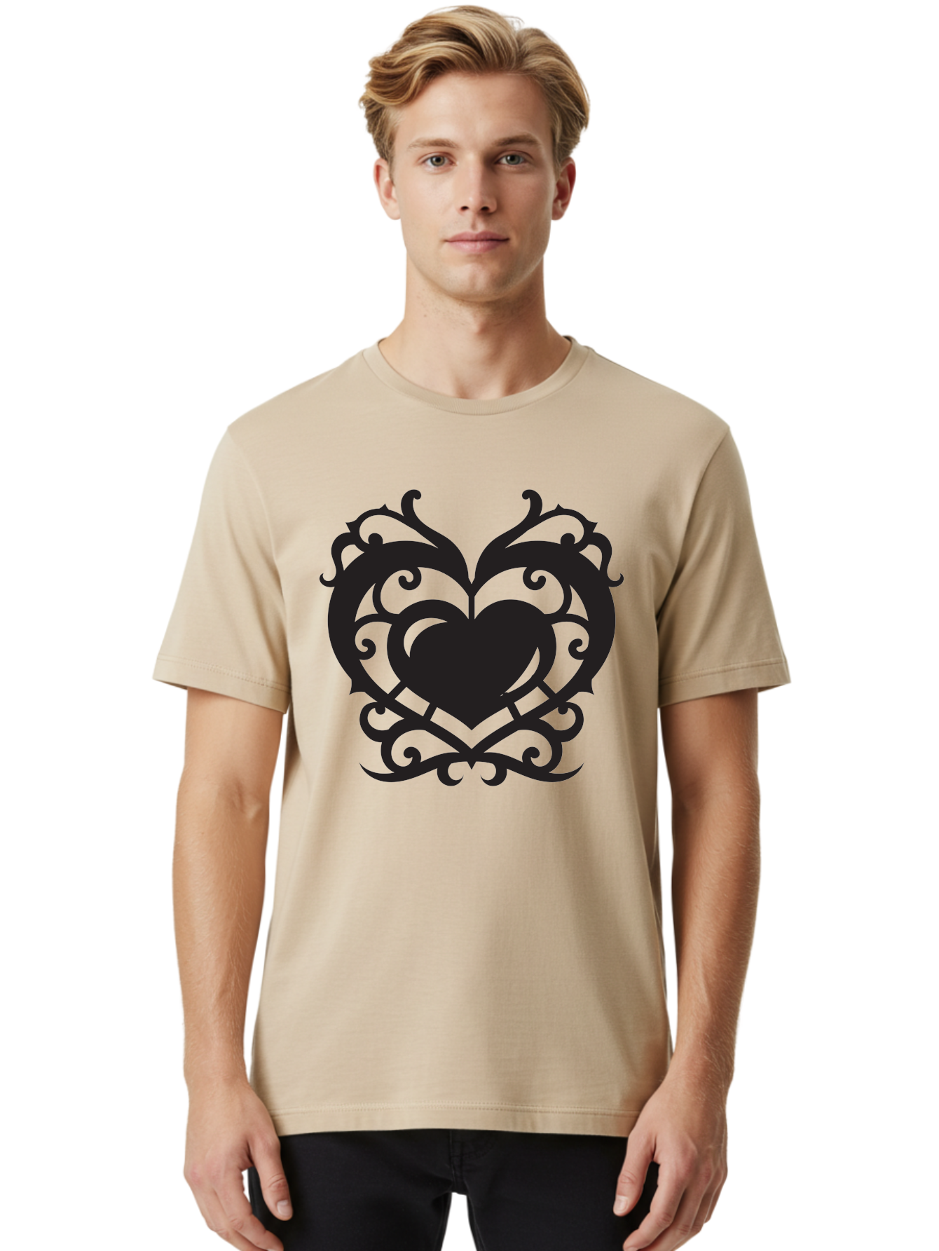Tribal-Heart Men'S Graphic Tee, 100% Cotton, Comfortable Casual Summer Wear, Machine Washable, Heart Symbol, Decorative Heart, Gothic Design, Intricate Patterns, Filigree Art, Symbolic Love, Ornate Details, Heart Shape, Elegant Design, Aab300
