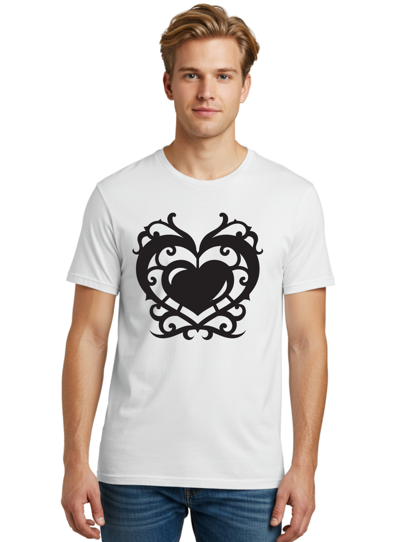 Tribal-Heart Men'S Graphic Tee, 100% Cotton, Comfortable Casual Summer Wear, Machine Washable, Heart Symbol, Decorative Heart, Gothic Design, Intricate Patterns, Filigree Art, Symbolic Love, Ornate Details, Heart Shape, Elegant Design, Aab300