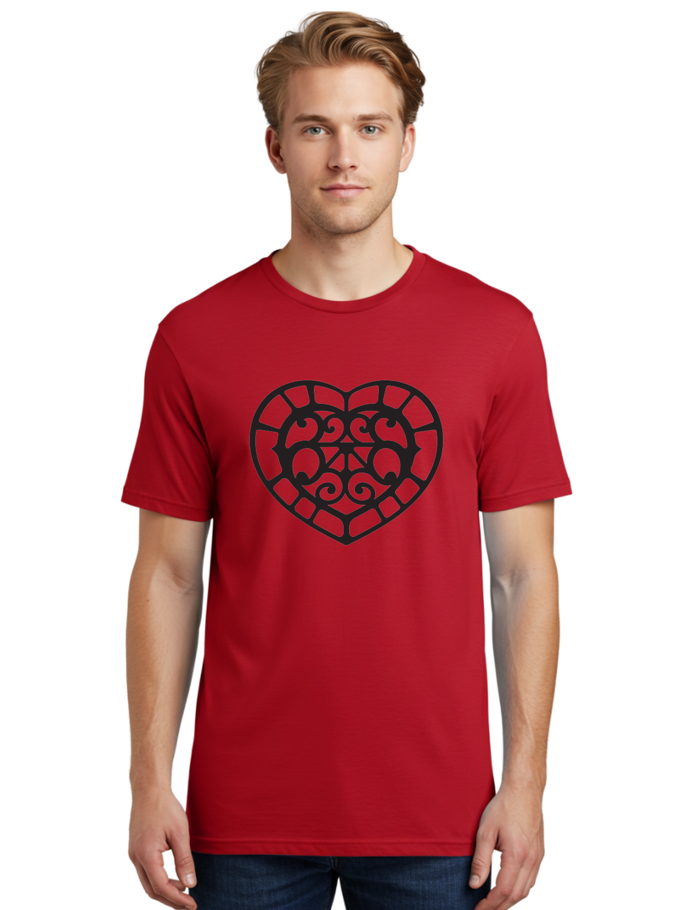 Tricolor-Heart Men'S Graphic Tee, 100% Cotton, Comfortable Casual Summer Wear, Machine Washable, Stained Glass Heart, Decorative Heart, Intricate Design, Swirling Patterns, Heart Shape, Love Symbol, Ornate Details, Glass Art, Heart Icon Aab301