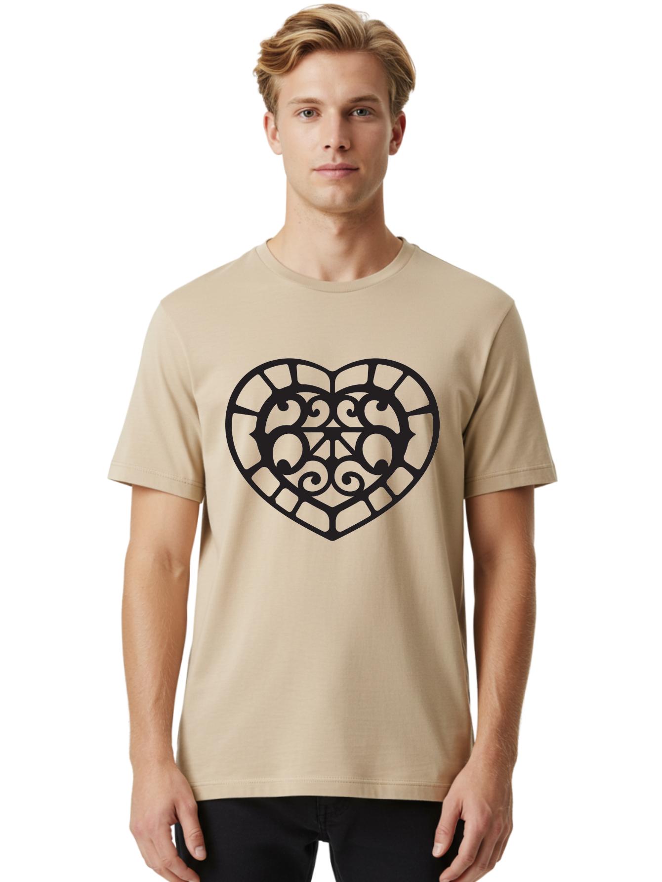 Tricolor-Heart Men'S Graphic Tee, 100% Cotton, Comfortable Casual Summer Wear, Machine Washable, Stained Glass Heart, Decorative Heart, Intricate Design, Swirling Patterns, Heart Shape, Love Symbol, Ornate Details, Glass Art, Heart Icon Aab301