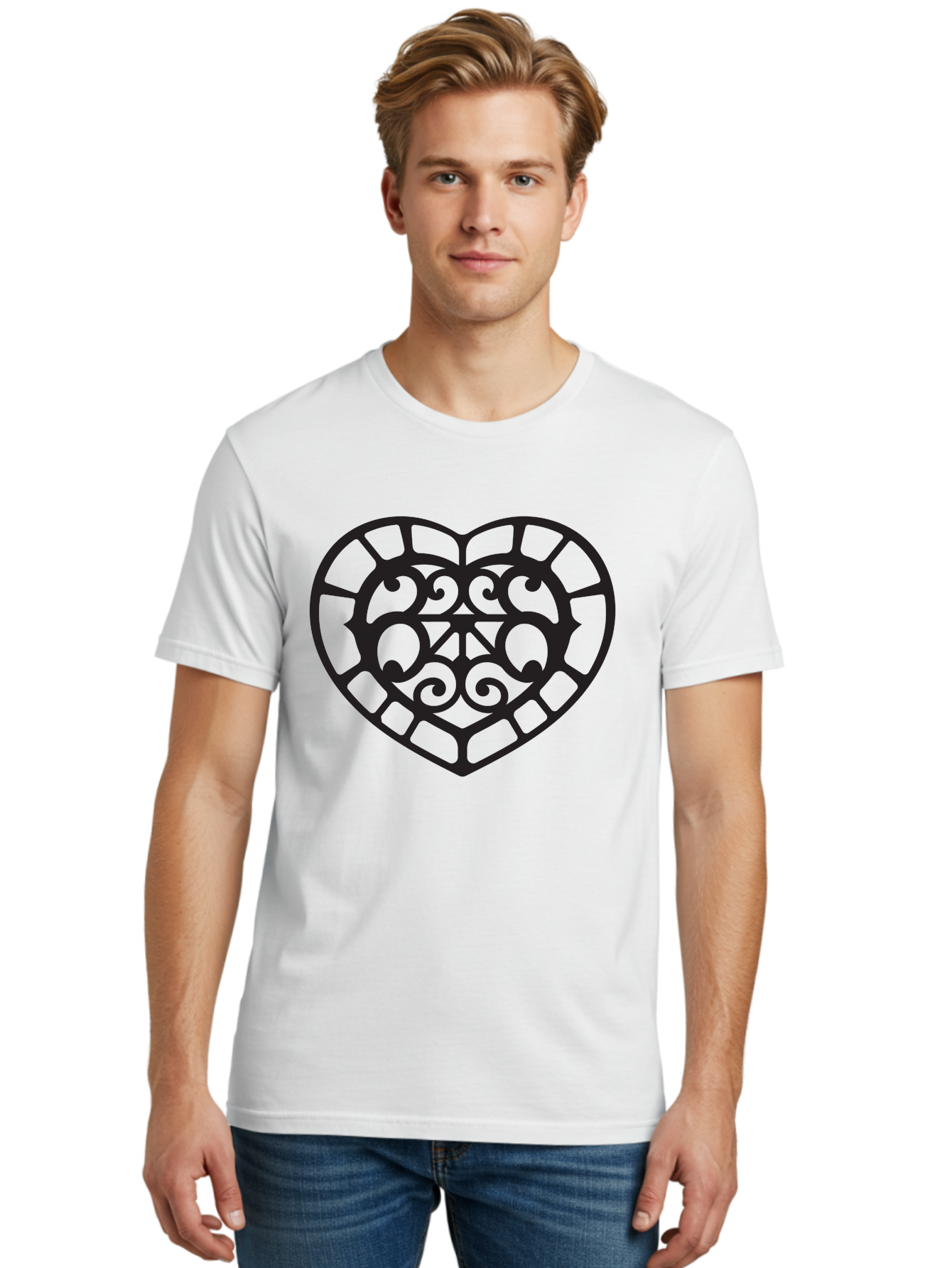 Tricolor-Heart Men'S Graphic Tee, 100% Cotton, Comfortable Casual Summer Wear, Machine Washable, Stained Glass Heart, Decorative Heart, Intricate Design, Swirling Patterns, Heart Shape, Love Symbol, Ornate Details, Glass Art, Heart Icon Aab301