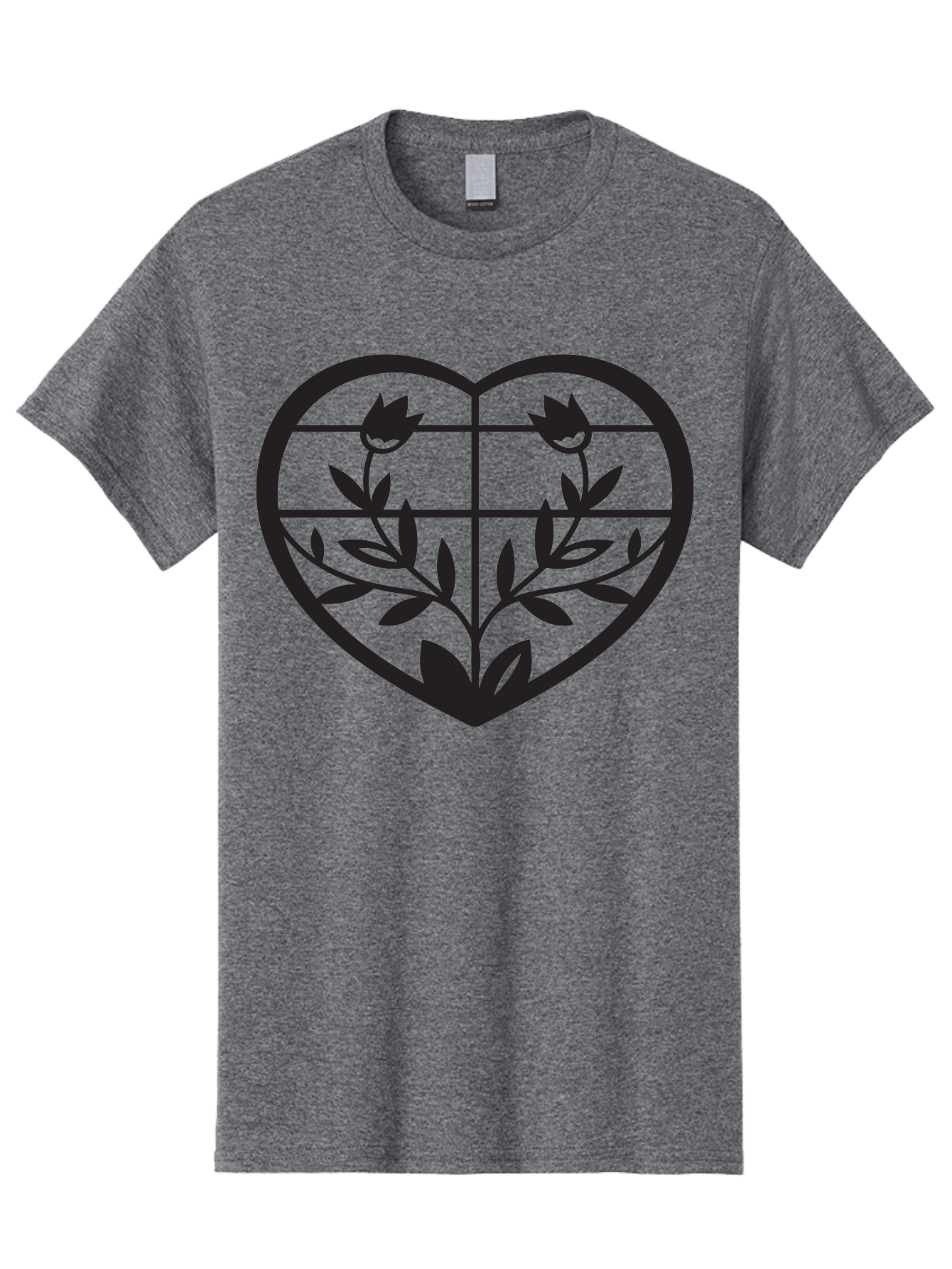 Tulips-Heart Men'S Graphic Tee, 100% Cotton, Comfortable Casual Summer Wear, Machine Washable, Heart Shape, Tulip Flowers, Leafy Stems, Floral Design, Love Symbol, Minimalist Art, Simple Graphics, Grid Pattern, Black Silhouette Aab302