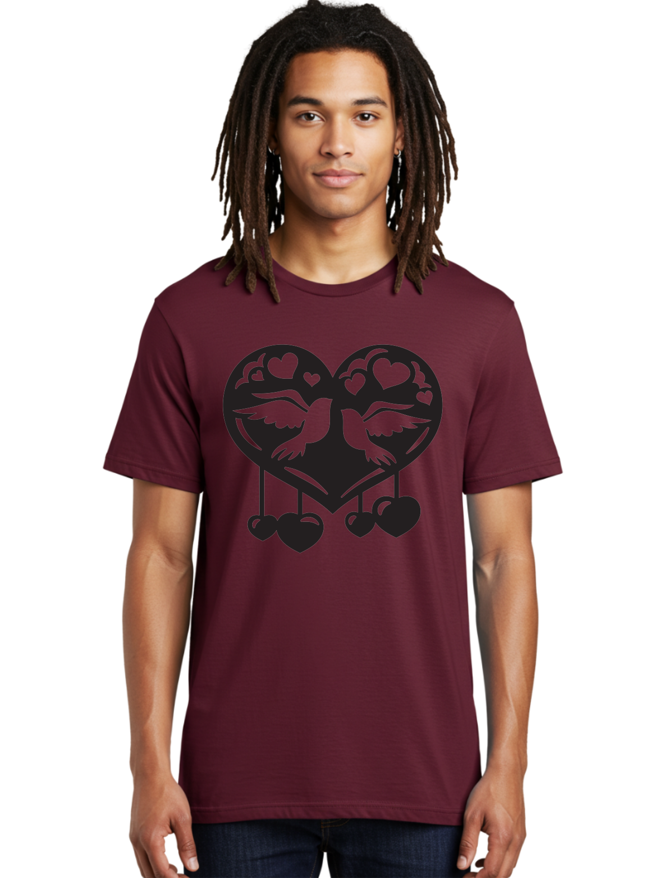 Two-Birds-Heart Men'S Graphic Tee, 100% Cotton, Comfortable Casual Summer Wear, Machine Washable, Love Birds, Couple Love, Heart Shape, Birds Flying, Hearts Hanging, Love Symbol, Valentines Day, Heart Decorations, Symbolic Love, Aab303
