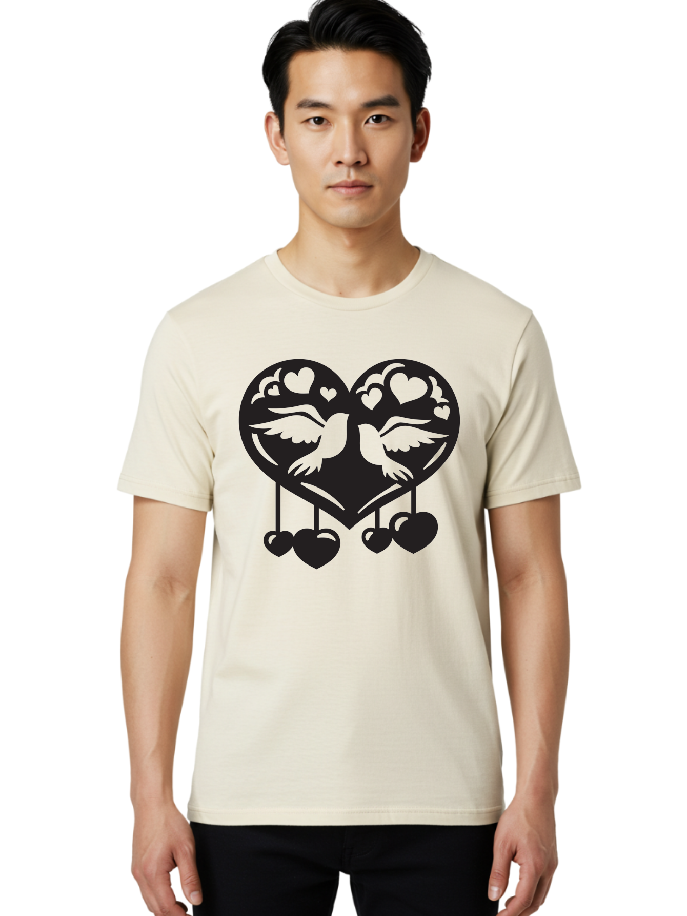 Two-Birds-Heart Men'S Graphic Tee, 100% Cotton, Comfortable Casual Summer Wear, Machine Washable, Love Birds, Couple Love, Heart Shape, Birds Flying, Hearts Hanging, Love Symbol, Valentines Day, Heart Decorations, Symbolic Love, Aab303