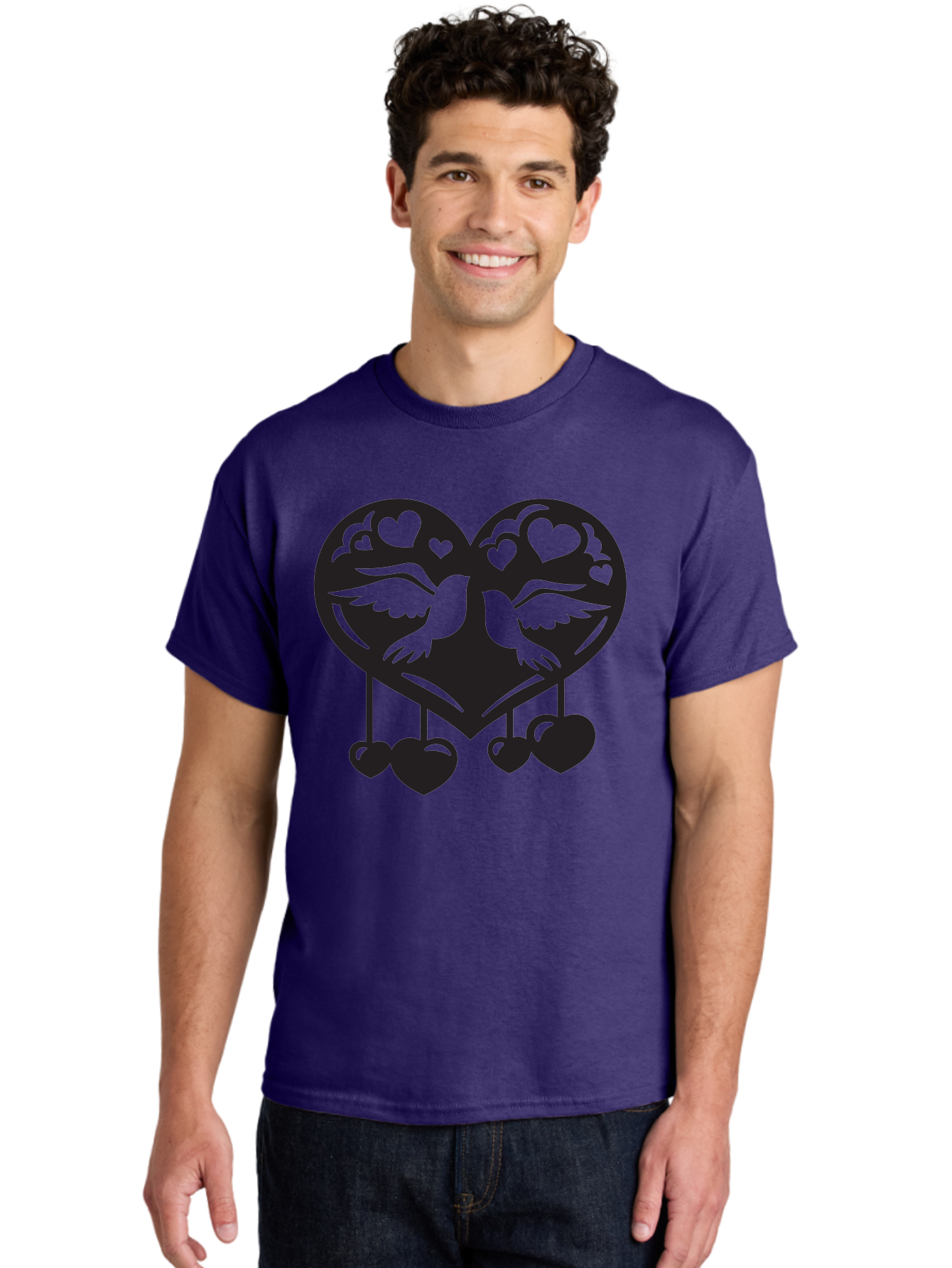 Two-Birds-Heart Men'S Graphic Tee, 100% Cotton, Comfortable Casual Summer Wear, Machine Washable, Love Birds, Couple Love, Heart Shape, Birds Flying, Hearts Hanging, Love Symbol, Valentines Day, Heart Decorations, Symbolic Love, Aab303