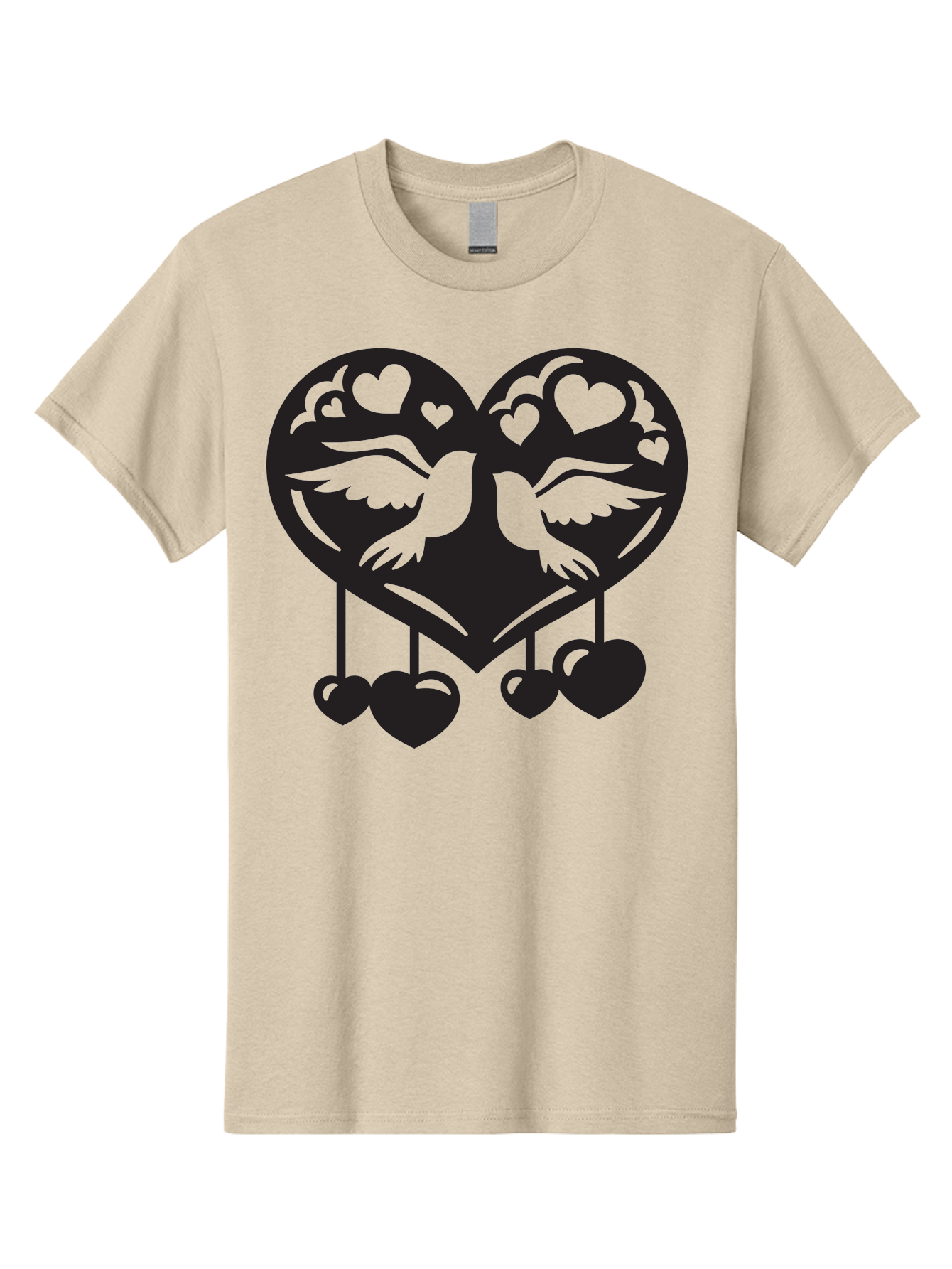 Two-Birds-Heart Men'S Graphic Tee, 100% Cotton, Comfortable Casual Summer Wear, Machine Washable, Love Birds, Couple Love, Heart Shape, Birds Flying, Hearts Hanging, Love Symbol, Valentines Day, Heart Decorations, Symbolic Love, Aab303
