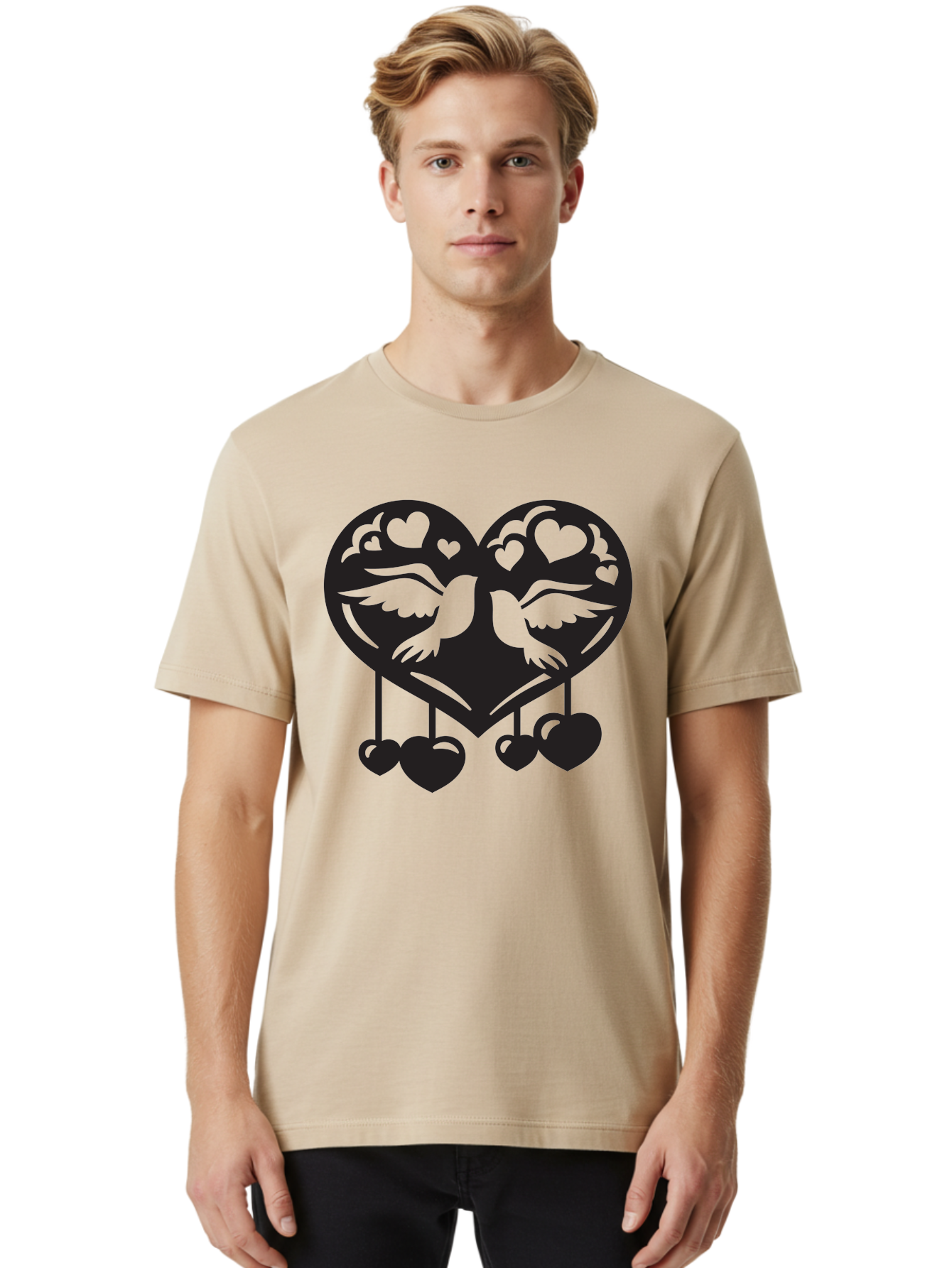 Two-Birds-Heart Men'S Graphic Tee, 100% Cotton, Comfortable Casual Summer Wear, Machine Washable, Love Birds, Couple Love, Heart Shape, Birds Flying, Hearts Hanging, Love Symbol, Valentines Day, Heart Decorations, Symbolic Love, Aab303