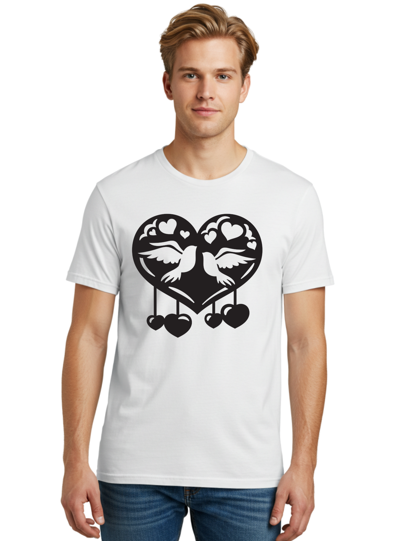 Two-Birds-Heart Men'S Graphic Tee, 100% Cotton, Comfortable Casual Summer Wear, Machine Washable, Love Birds, Couple Love, Heart Shape, Birds Flying, Hearts Hanging, Love Symbol, Valentines Day, Heart Decorations, Symbolic Love, Aab303