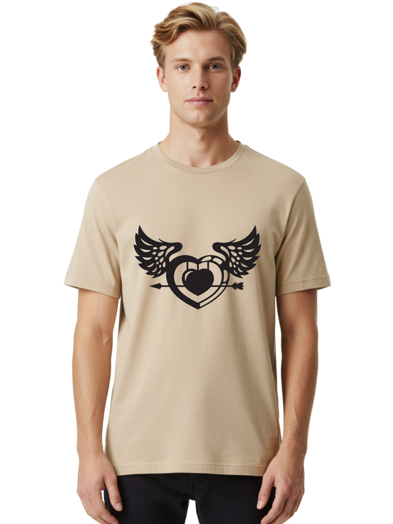 Winged-Heart Men'S Graphic Tee, 100% Cotton, Comfortable Casual Summer Wear, Machine Washable, Heart With Wings, Arrow Through Heart, Love Symbol, Cupid Inspiration, Heart Design, Winged Heart, Love Art, Valentines Day Theme, Heart With Arrow Aab304