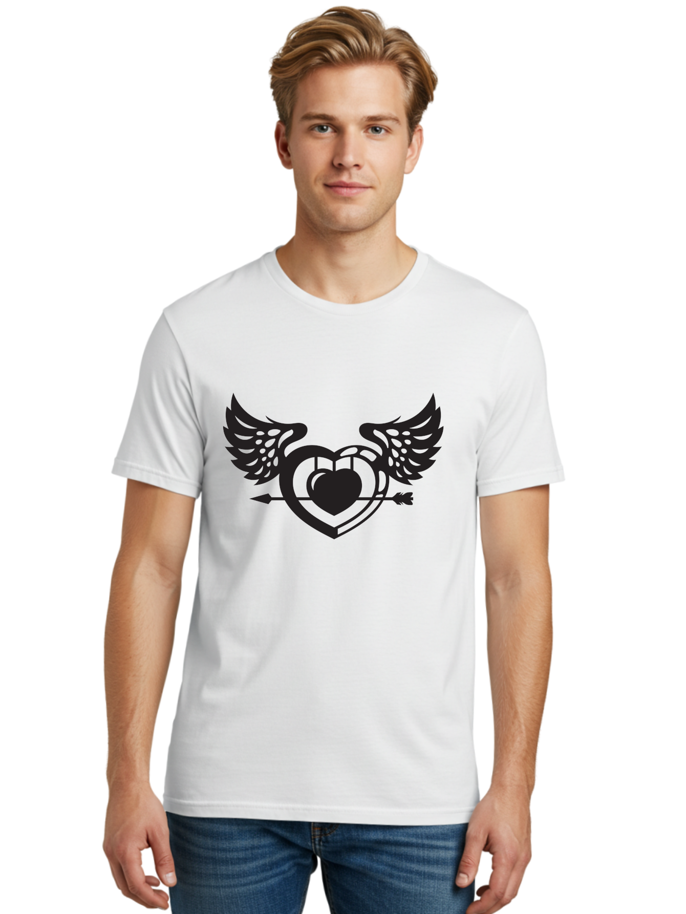Winged-Heart Men'S Graphic Tee, 100% Cotton, Comfortable Casual Summer Wear, Machine Washable, Heart With Wings, Arrow Through Heart, Love Symbol, Cupid Inspiration, Heart Design, Winged Heart, Love Art, Valentines Day Theme, Heart With Arrow Aab304