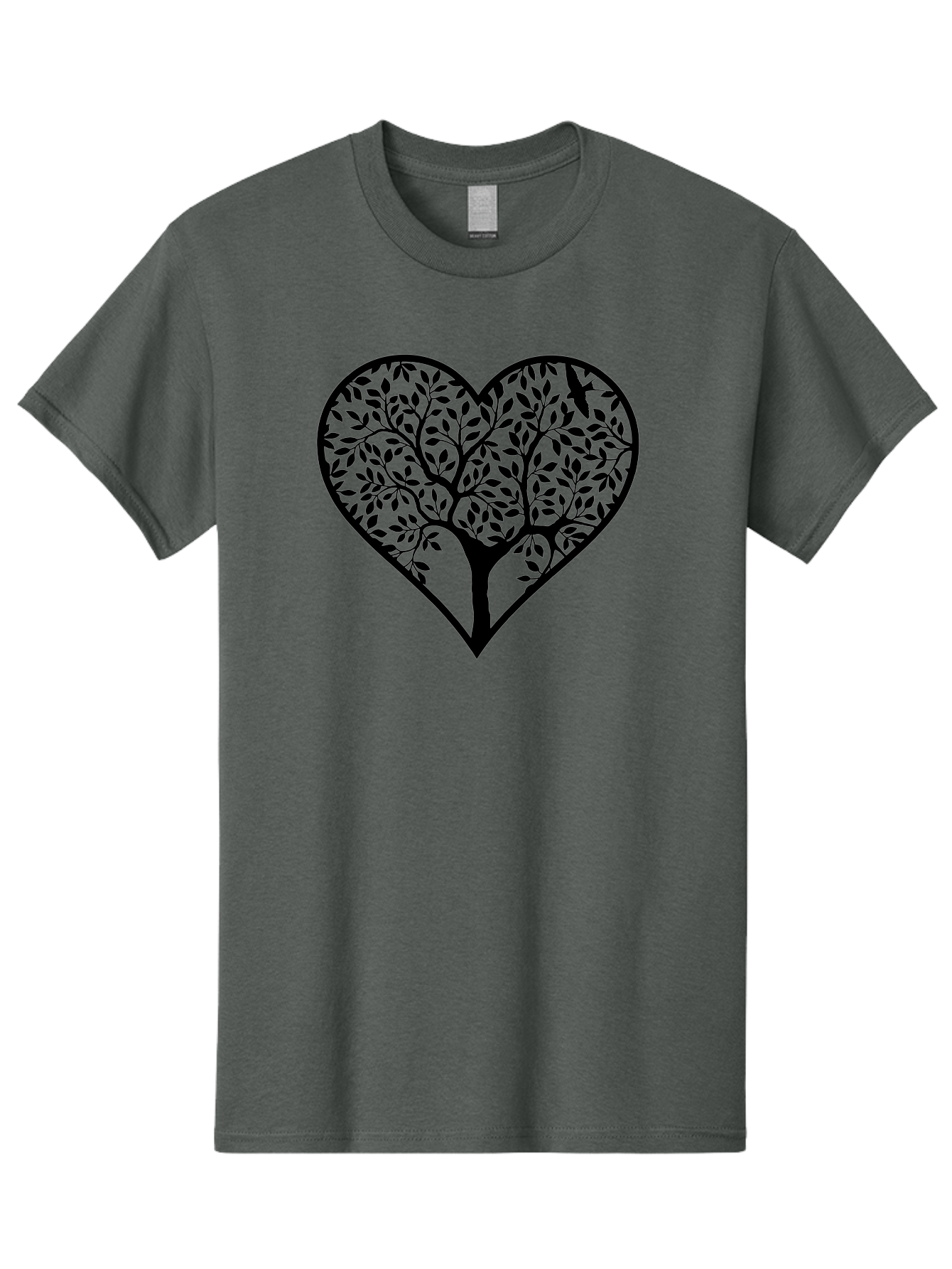 Tree-Of-Life-Heart-1 Men'S Graphic Tee, 100% Cotton, Comfortable Casual Summer Wear, Machine Washable, Tree In Heart Shape, Symbolic Representation, Love For Nature, Eco-Friendly, Black Silhouette Design, Leafy Branches, Valentines Day Theme, Aab306