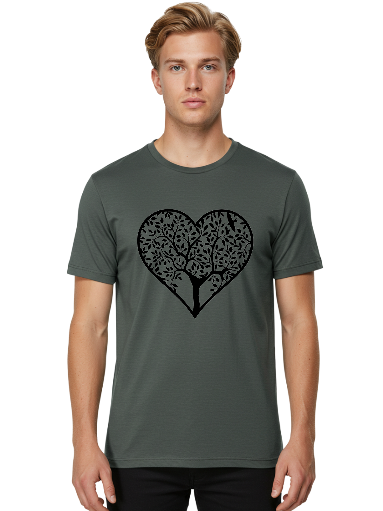Tree-Of-Life-Heart-1 Men'S Graphic Tee, 100% Cotton, Comfortable Casual Summer Wear, Machine Washable, Tree In Heart Shape, Symbolic Representation, Love For Nature, Eco-Friendly, Black Silhouette Design, Leafy Branches, Valentines Day Theme, Aab306