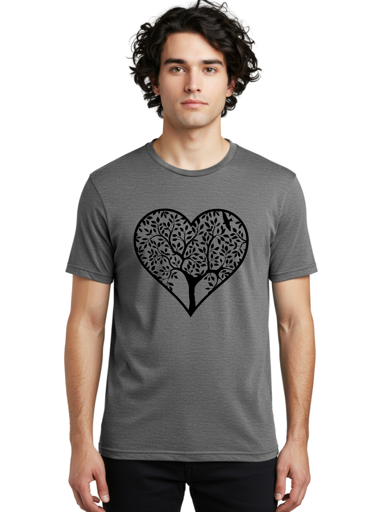 Tree-Of-Life-Heart-1 Men'S Graphic Tee, 100% Cotton, Comfortable Casual Summer Wear, Machine Washable, Tree In Heart Shape, Symbolic Representation, Love For Nature, Eco-Friendly, Black Silhouette Design, Leafy Branches, Valentines Day Theme, Aab306