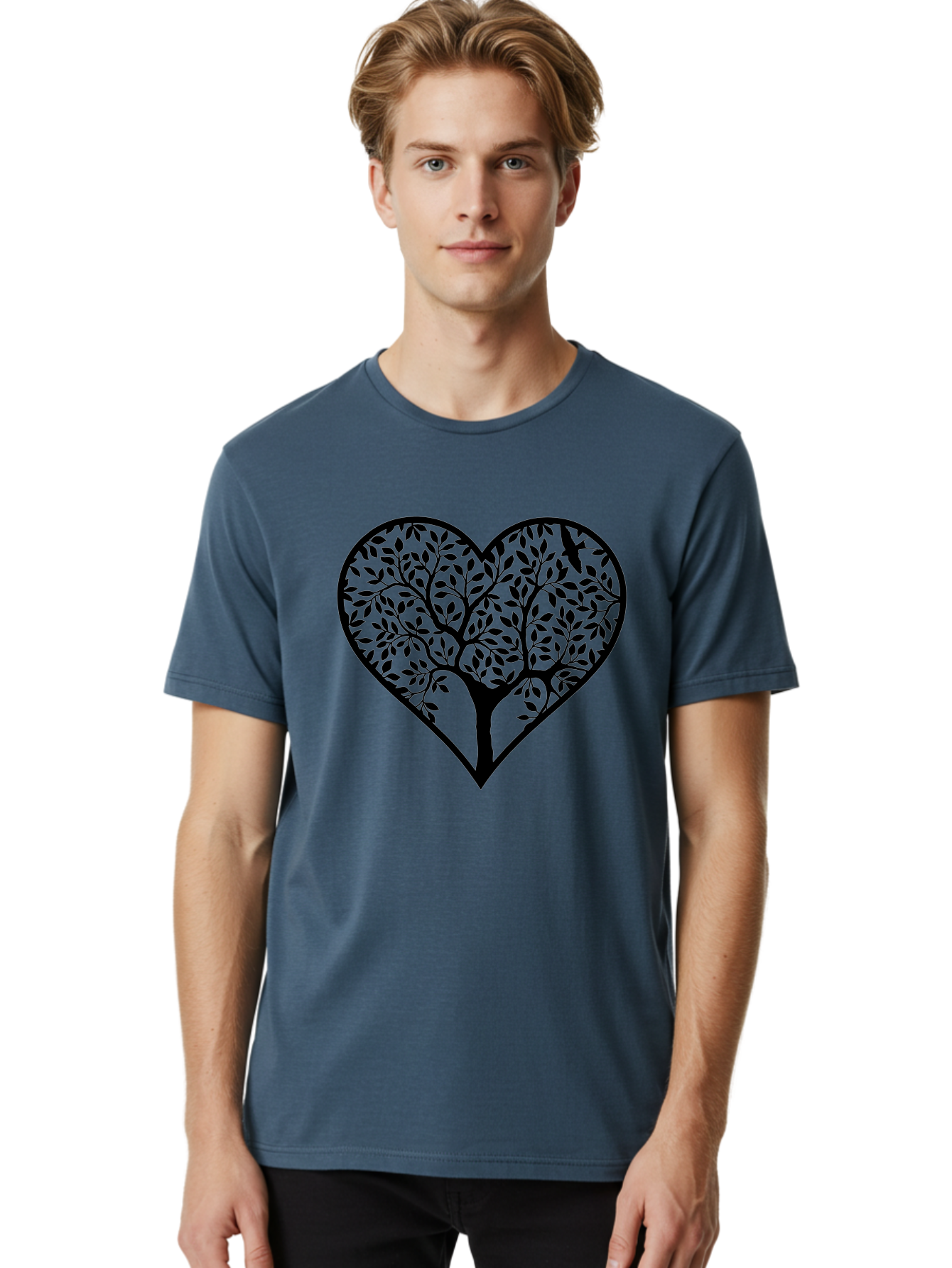 Tree-Of-Life-Heart-1 Men'S Graphic Tee, 100% Cotton, Comfortable Casual Summer Wear, Machine Washable, Tree In Heart Shape, Symbolic Representation, Love For Nature, Eco-Friendly, Black Silhouette Design, Leafy Branches, Valentines Day Theme, Aab306