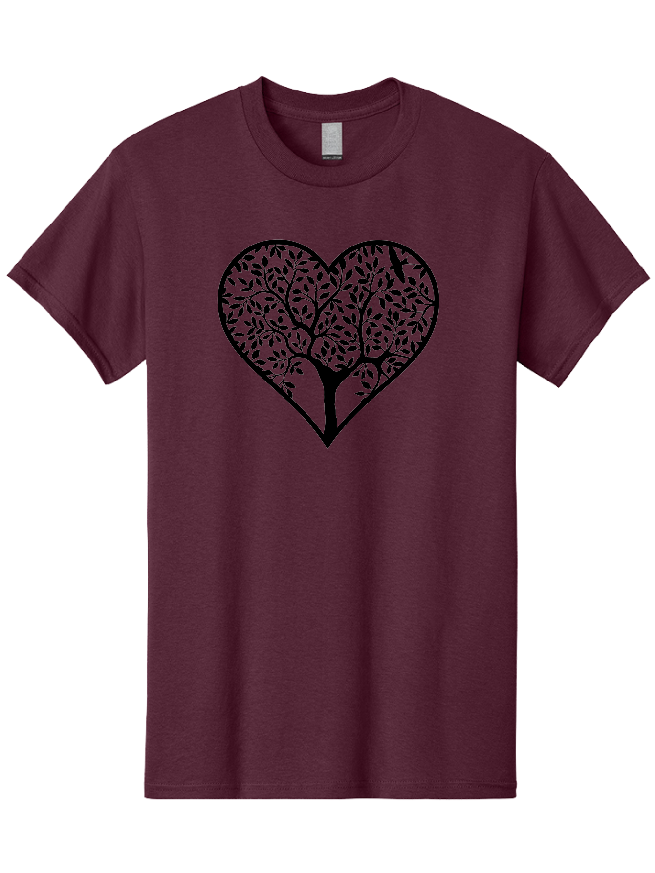 Tree-Of-Life-Heart-1 Men'S Graphic Tee, 100% Cotton, Comfortable Casual Summer Wear, Machine Washable, Tree In Heart Shape, Symbolic Representation, Love For Nature, Eco-Friendly, Black Silhouette Design, Leafy Branches, Valentines Day Theme, Aab306