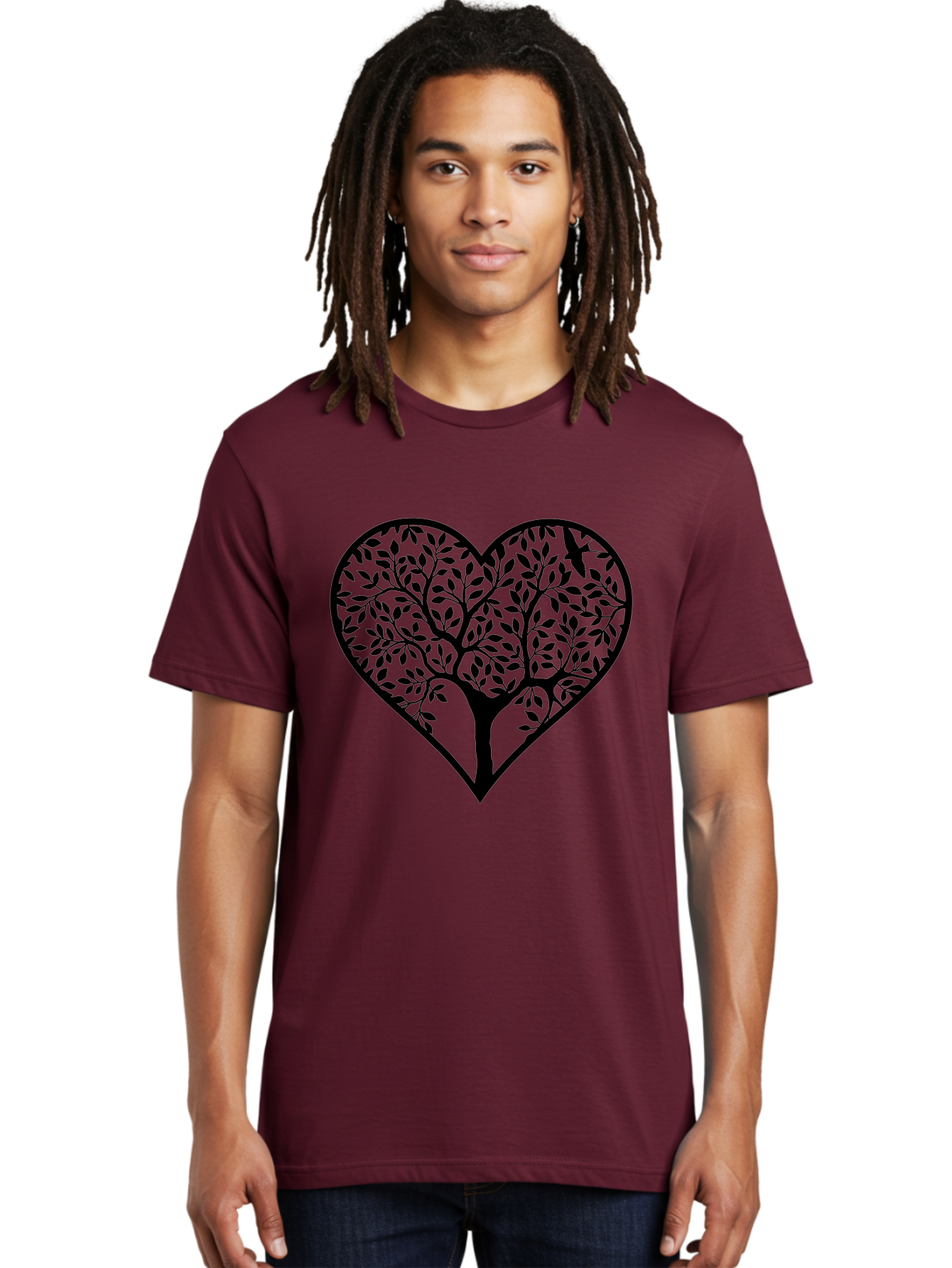 Tree-Of-Life-Heart-1 Men'S Graphic Tee, 100% Cotton, Comfortable Casual Summer Wear, Machine Washable, Tree In Heart Shape, Symbolic Representation, Love For Nature, Eco-Friendly, Black Silhouette Design, Leafy Branches, Valentines Day Theme, Aab306