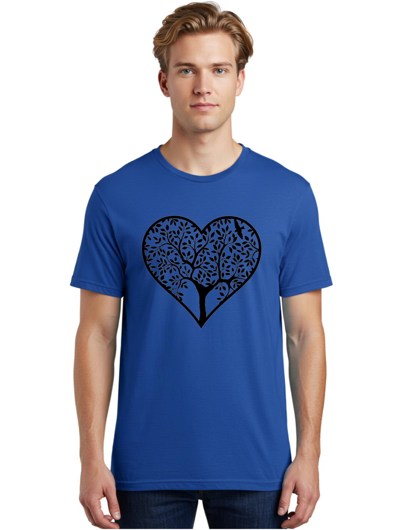 Tree-Of-Life-Heart-1 Men'S Graphic Tee, 100% Cotton, Comfortable Casual Summer Wear, Machine Washable, Tree In Heart Shape, Symbolic Representation, Love For Nature, Eco-Friendly, Black Silhouette Design, Leafy Branches, Valentines Day Theme, Aab306
