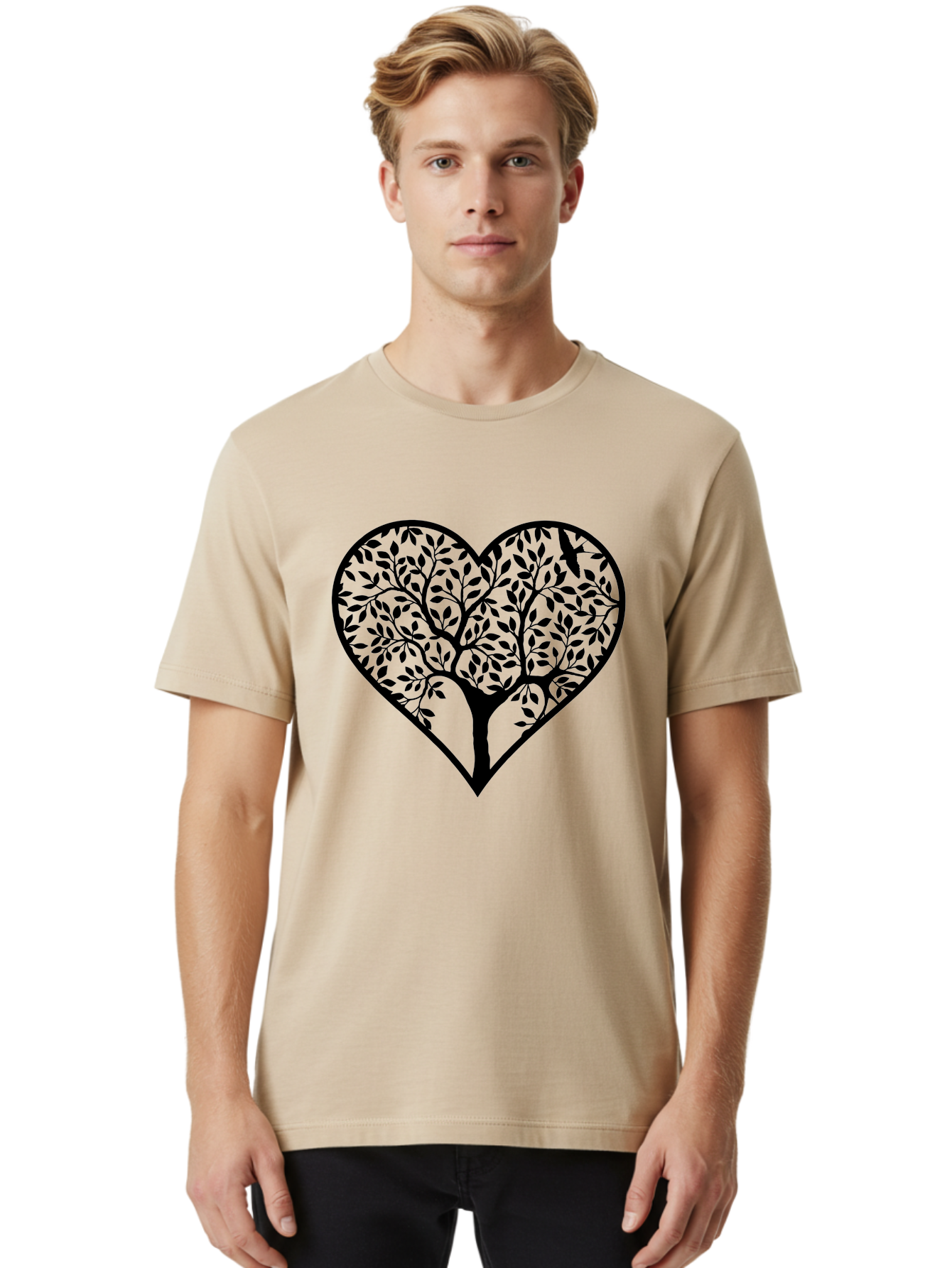 Tree-Of-Life-Heart-1 Men'S Graphic Tee, 100% Cotton, Comfortable Casual Summer Wear, Machine Washable, Tree In Heart Shape, Symbolic Representation, Love For Nature, Eco-Friendly, Black Silhouette Design, Leafy Branches, Valentines Day Theme, Aab306