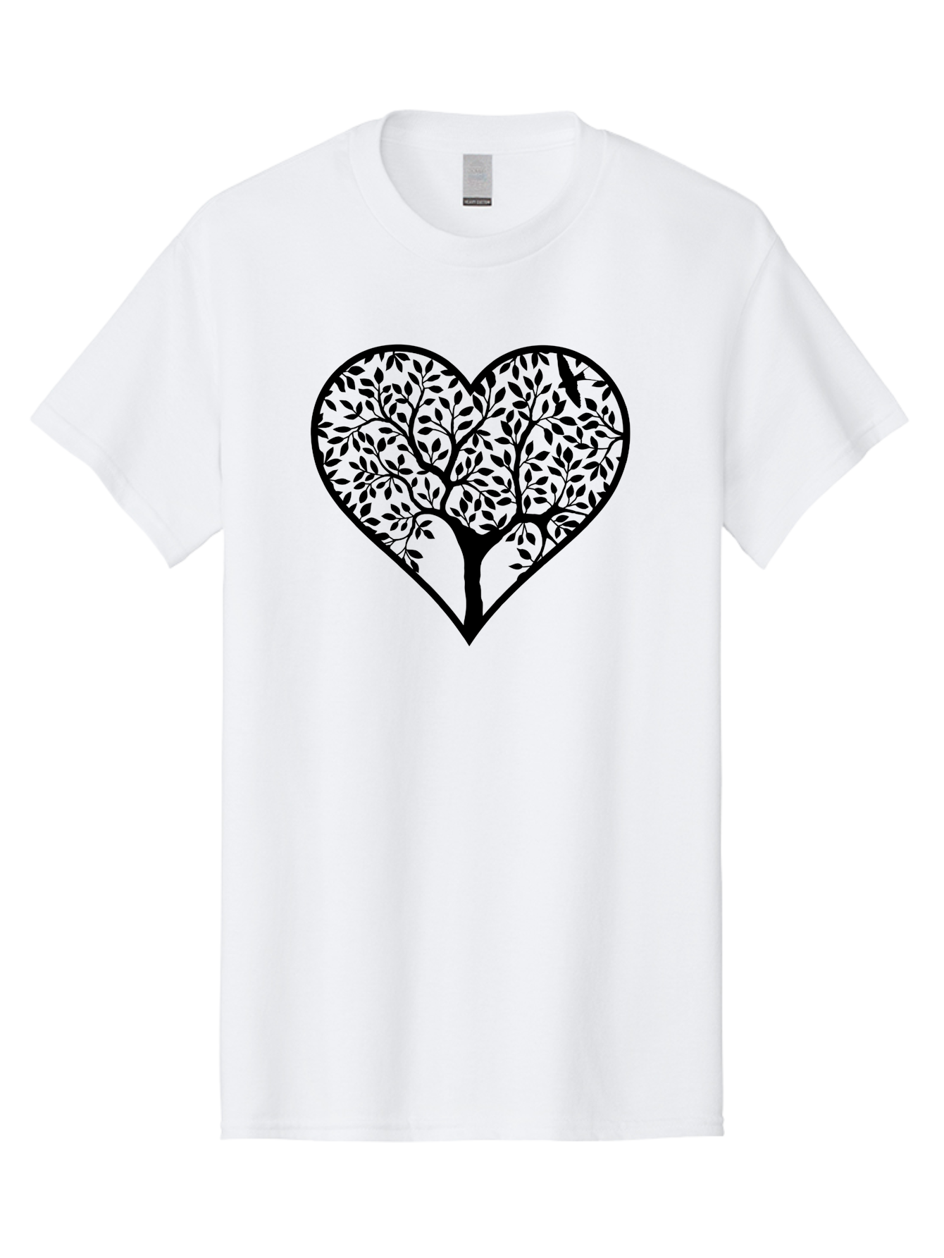 Tree-Of-Life-Heart-1 Men'S Graphic Tee, 100% Cotton, Comfortable Casual Summer Wear, Machine Washable, Tree In Heart Shape, Symbolic Representation, Love For Nature, Eco-Friendly, Black Silhouette Design, Leafy Branches, Valentines Day Theme, Aab306