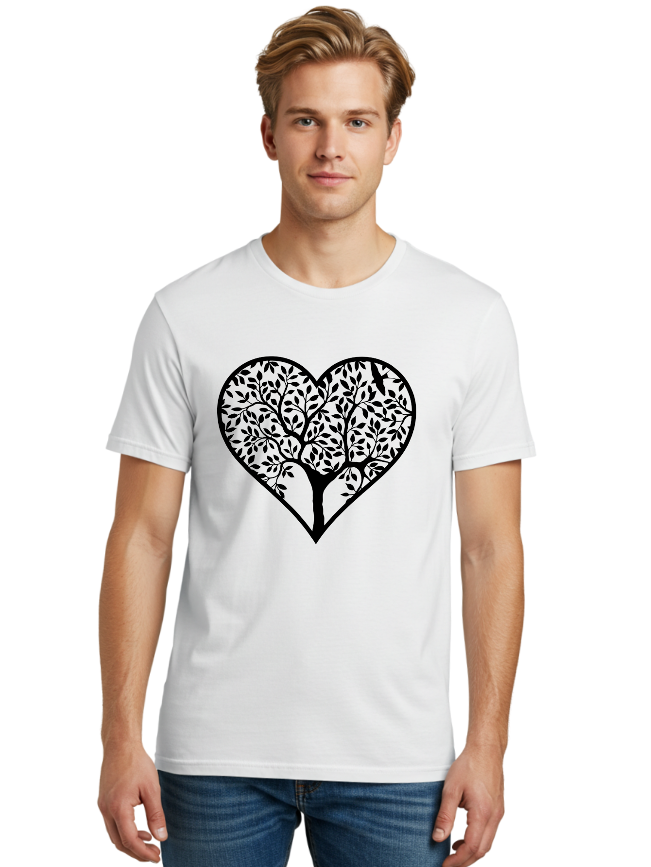 Tree-Of-Life-Heart-1 Men'S Graphic Tee, 100% Cotton, Comfortable Casual Summer Wear, Machine Washable, Tree In Heart Shape, Symbolic Representation, Love For Nature, Eco-Friendly, Black Silhouette Design, Leafy Branches, Valentines Day Theme, Aab306