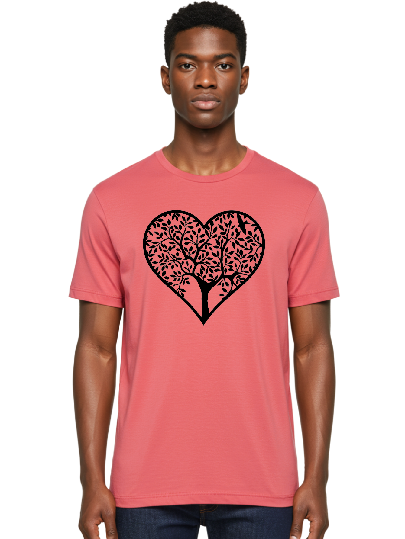 Tree-Of-Life-Heart-2 Men'S Graphic Tee, 100% Cotton, Comfortable Casual Summer Wear, Machine Washable, Tree Of Life, Heart Shape, Black Silhouette, Leaves, Branches, Love Symbol, Nature-Inspired Design, Eco-Friendly, Symbolic Art, Aab307