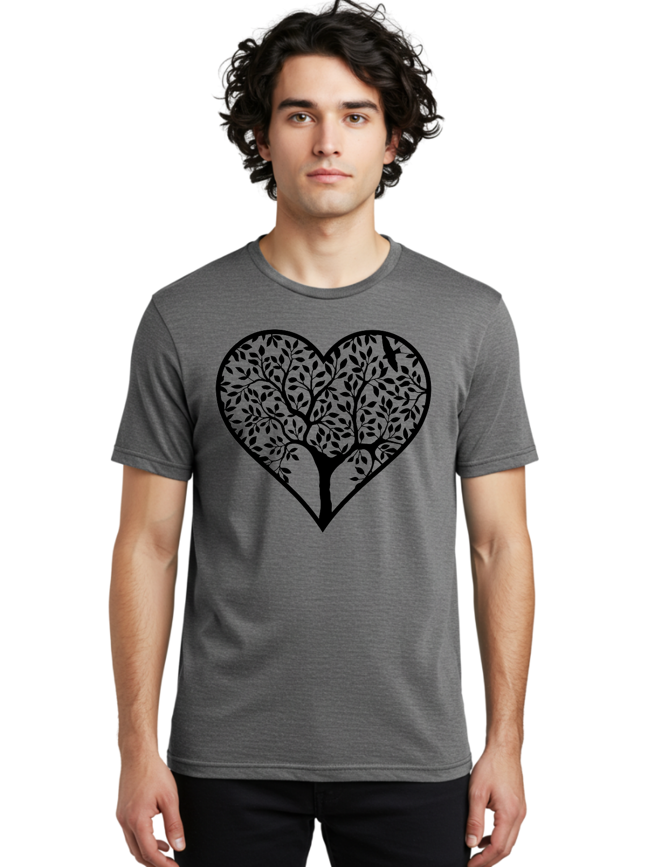 Tree-Of-Life-Heart-2 Men'S Graphic Tee, 100% Cotton, Comfortable Casual Summer Wear, Machine Washable, Tree Of Life, Heart Shape, Black Silhouette, Leaves, Branches, Love Symbol, Nature-Inspired Design, Eco-Friendly, Symbolic Art, Aab307