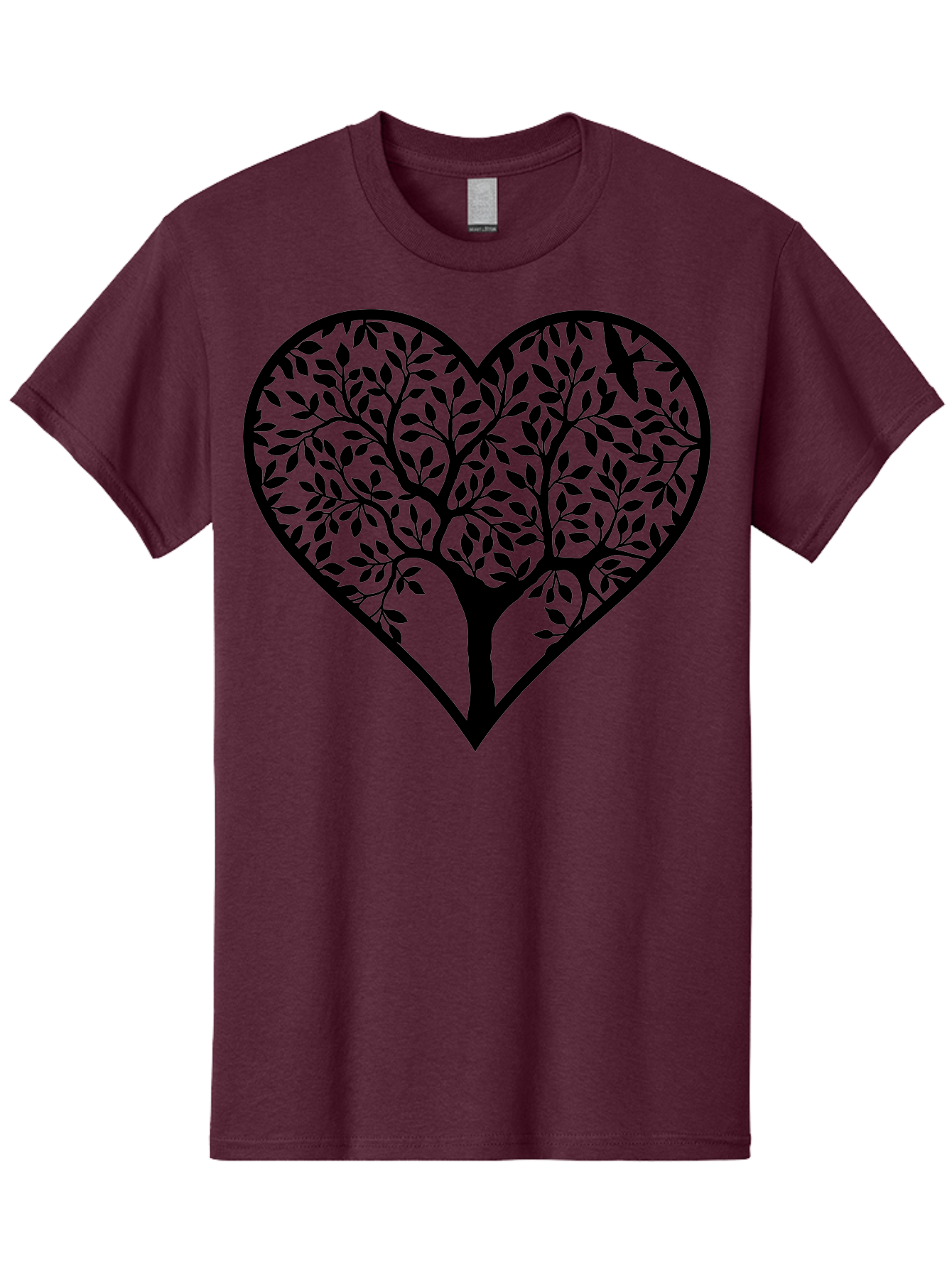 Tree-Of-Life-Heart-2 Men'S Graphic Tee, 100% Cotton, Comfortable Casual Summer Wear, Machine Washable, Tree Of Life, Heart Shape, Black Silhouette, Leaves, Branches, Love Symbol, Nature-Inspired Design, Eco-Friendly, Symbolic Art, Aab307