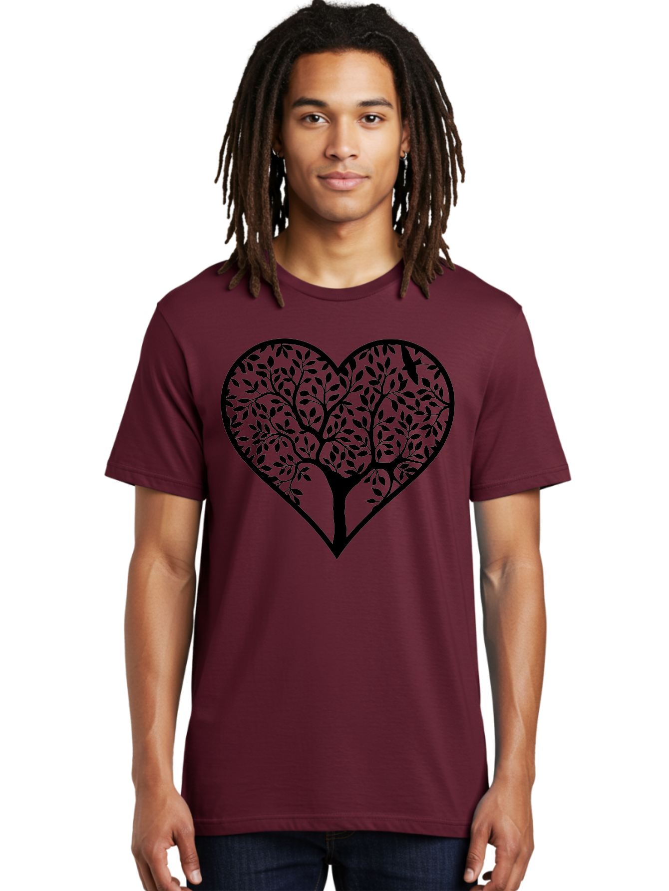Tree-Of-Life-Heart-2 Men'S Graphic Tee, 100% Cotton, Comfortable Casual Summer Wear, Machine Washable, Tree Of Life, Heart Shape, Black Silhouette, Leaves, Branches, Love Symbol, Nature-Inspired Design, Eco-Friendly, Symbolic Art, Aab307