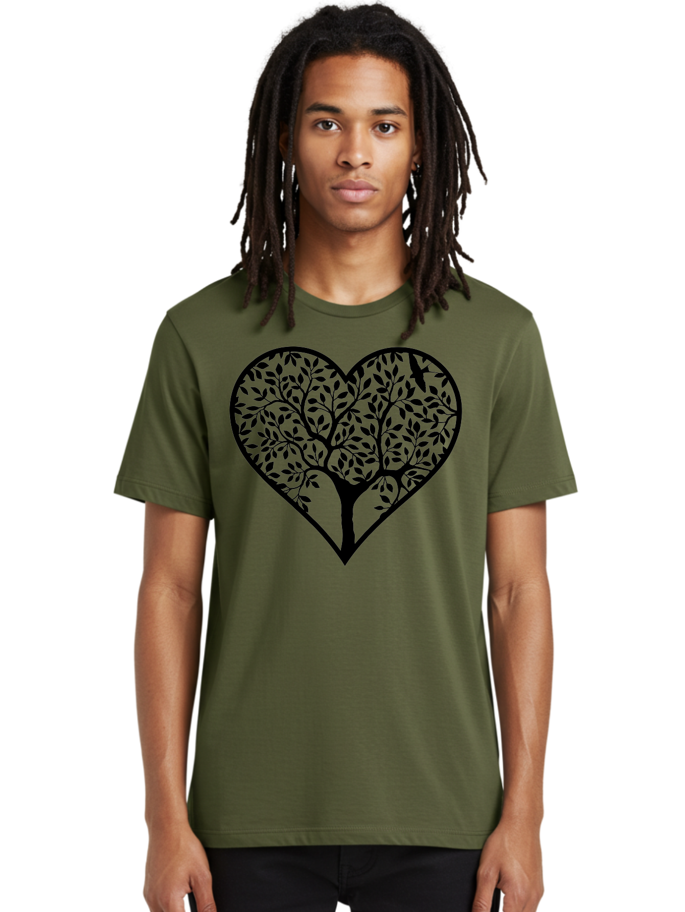 Tree-Of-Life-Heart-2 Men'S Graphic Tee, 100% Cotton, Comfortable Casual Summer Wear, Machine Washable, Tree Of Life, Heart Shape, Black Silhouette, Leaves, Branches, Love Symbol, Nature-Inspired Design, Eco-Friendly, Symbolic Art, Aab307