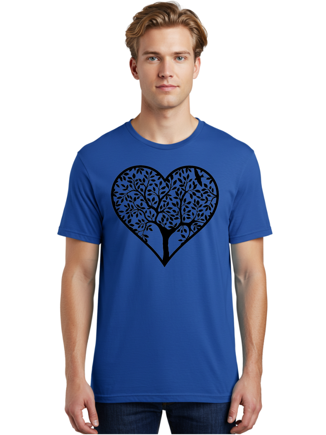 Tree-Of-Life-Heart-2 Men'S Graphic Tee, 100% Cotton, Comfortable Casual Summer Wear, Machine Washable, Tree Of Life, Heart Shape, Black Silhouette, Leaves, Branches, Love Symbol, Nature-Inspired Design, Eco-Friendly, Symbolic Art, Aab307