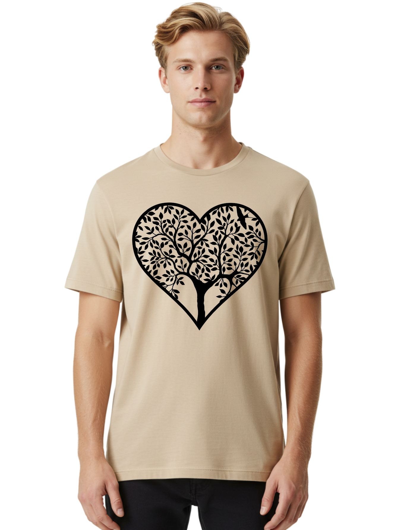 Tree-Of-Life-Heart-2 Men'S Graphic Tee, 100% Cotton, Comfortable Casual Summer Wear, Machine Washable, Tree Of Life, Heart Shape, Black Silhouette, Leaves, Branches, Love Symbol, Nature-Inspired Design, Eco-Friendly, Symbolic Art, Aab307