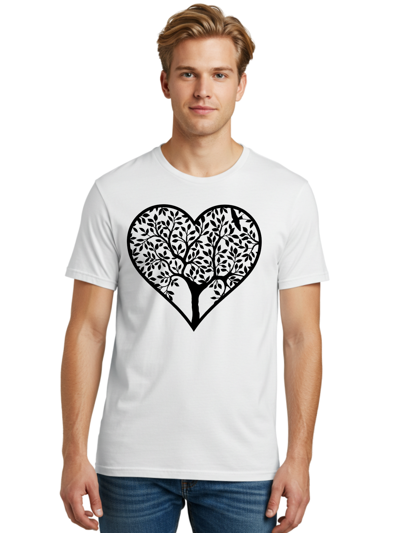 Tree-Of-Life-Heart-2 Men'S Graphic Tee, 100% Cotton, Comfortable Casual Summer Wear, Machine Washable, Tree Of Life, Heart Shape, Black Silhouette, Leaves, Branches, Love Symbol, Nature-Inspired Design, Eco-Friendly, Symbolic Art, Aab307