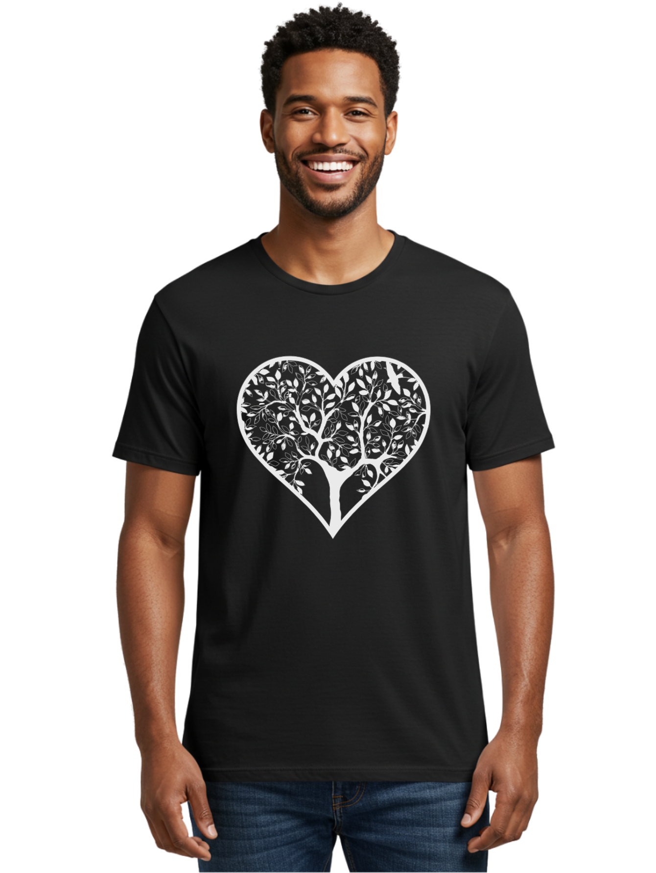 Tree-Of-Life-Heart Men'S Graphic Tee, 100% Cotton, Comfortable Casual Summer Wear, Machine Washable, Tree In Heart Shape, Leafy Branches, Symbolic Art, Love And Nature, Heart-Shaped Tree, Intricate Design, Symbolic Representation, Aab308