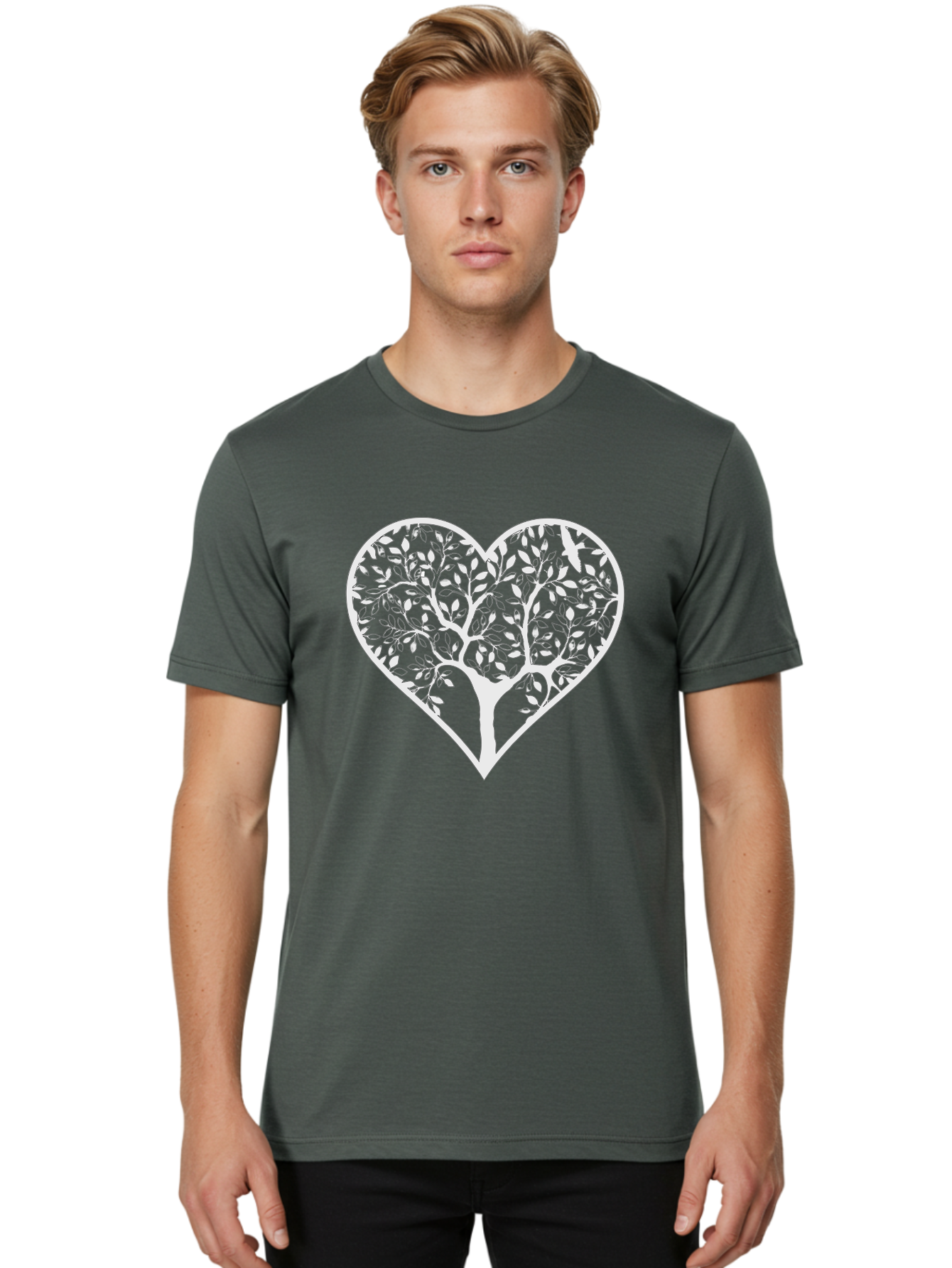 Tree-Of-Life-Heart Men'S Graphic Tee, 100% Cotton, Comfortable Casual Summer Wear, Machine Washable, Tree In Heart Shape, Leafy Branches, Symbolic Art, Love And Nature, Heart-Shaped Tree, Intricate Design, Symbolic Representation, Aab308
