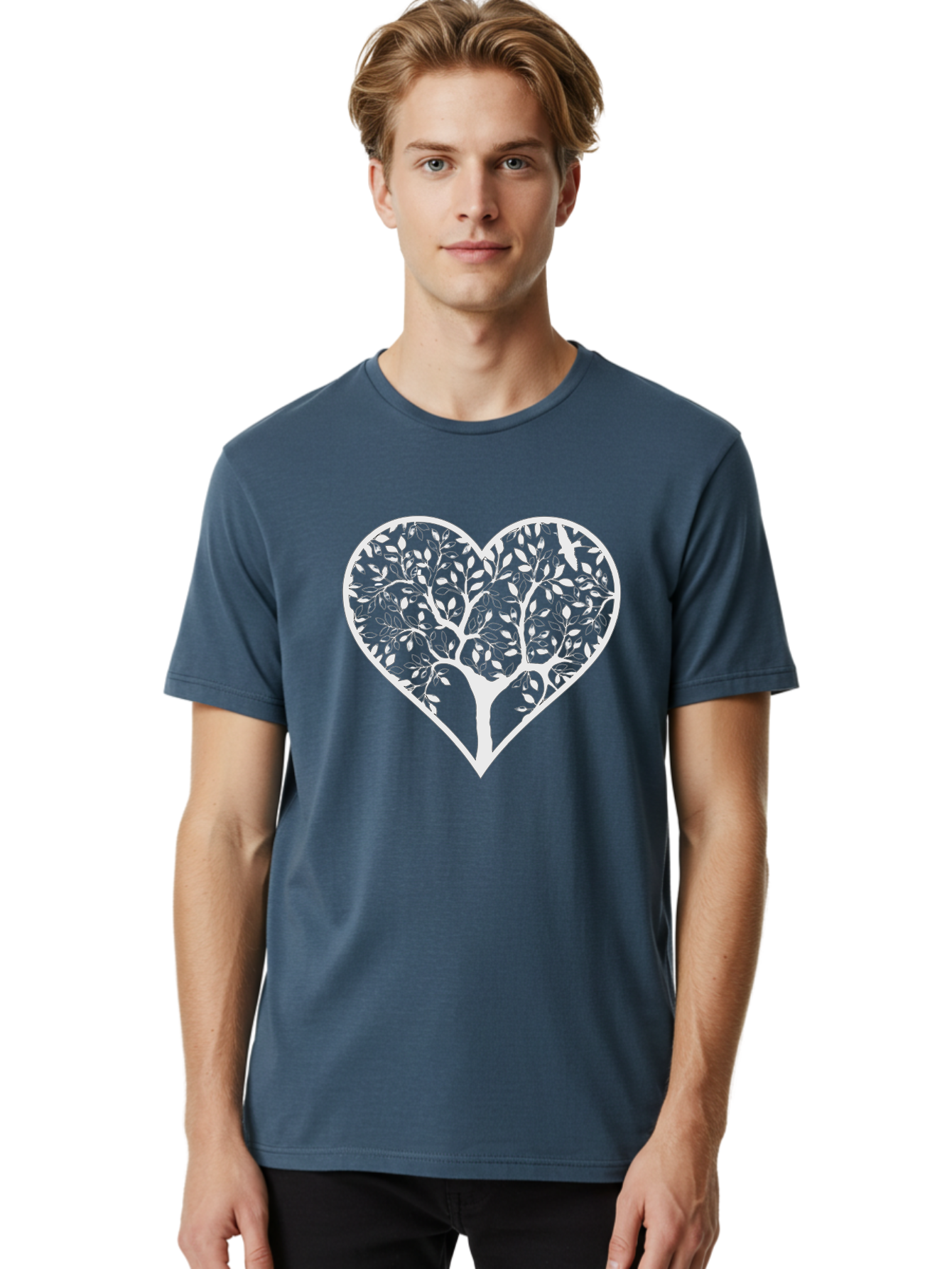 Tree-Of-Life-Heart Men'S Graphic Tee, 100% Cotton, Comfortable Casual Summer Wear, Machine Washable, Tree In Heart Shape, Leafy Branches, Symbolic Art, Love And Nature, Heart-Shaped Tree, Intricate Design, Symbolic Representation, Aab308
