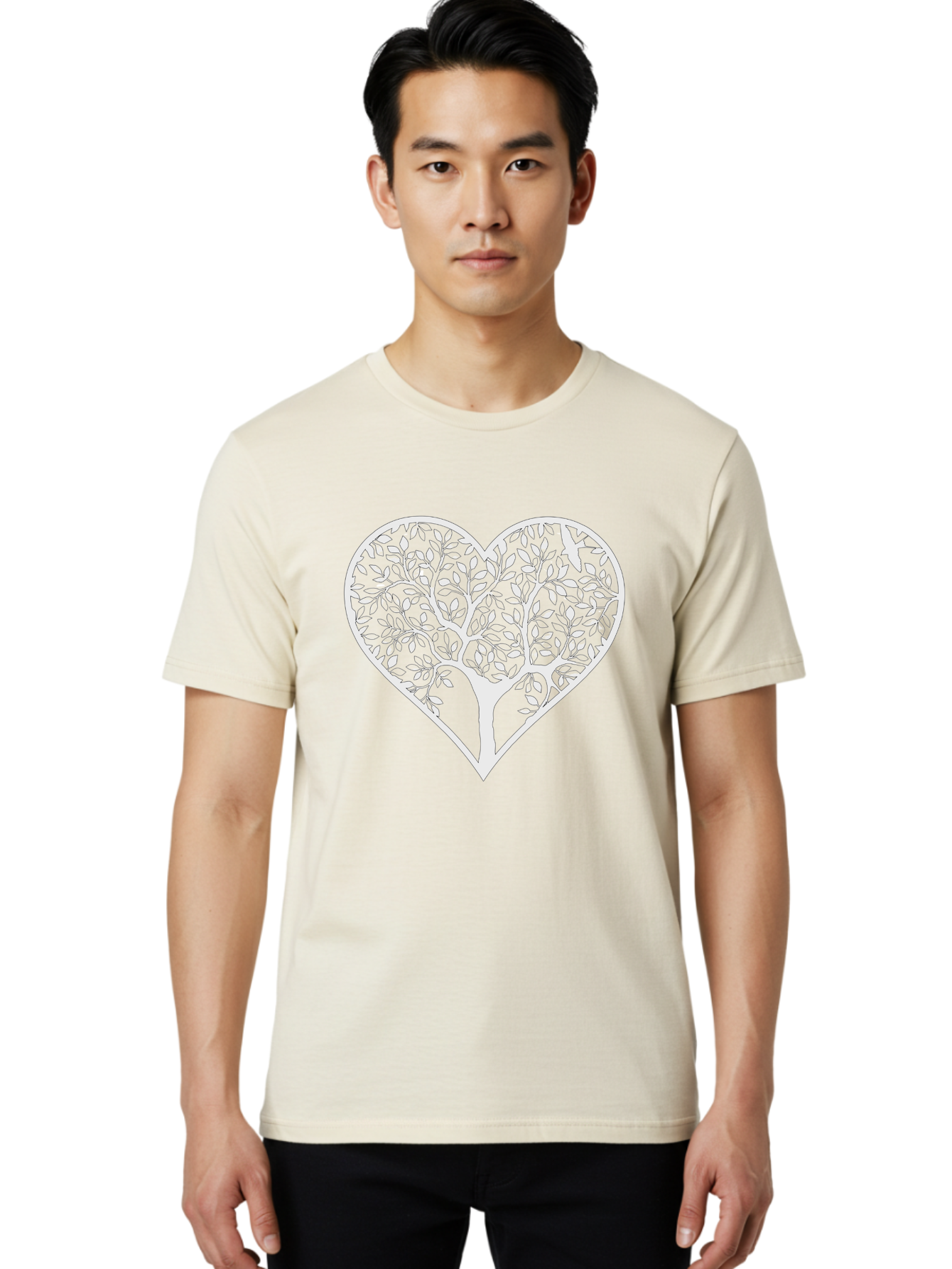 Tree-Of-Life-Heart Men'S Graphic Tee, 100% Cotton, Comfortable Casual Summer Wear, Machine Washable, Tree In Heart Shape, Leafy Branches, Symbolic Art, Love And Nature, Heart-Shaped Tree, Intricate Design, Symbolic Representation, Aab308