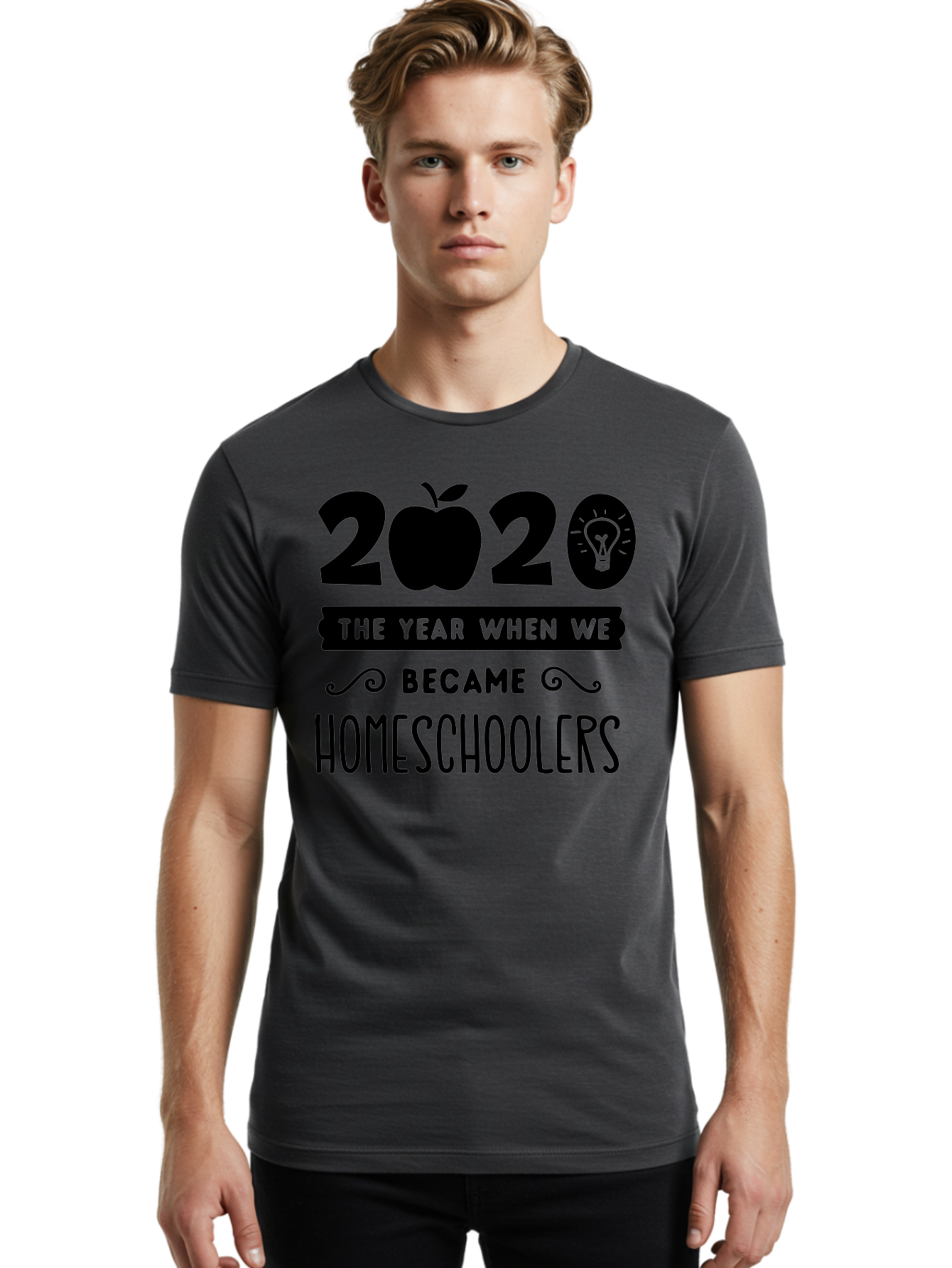 2020-The-Year-When-We-Became-Homeschoolers Men'S Graphic Tee, 100% Cotton, Comfortable Casual Summer Wear, Machine Washable, Homeschooling, Online Learning, Education, 2020, Homeschoolers, Apple, Lightbulb, School Year, Aab312