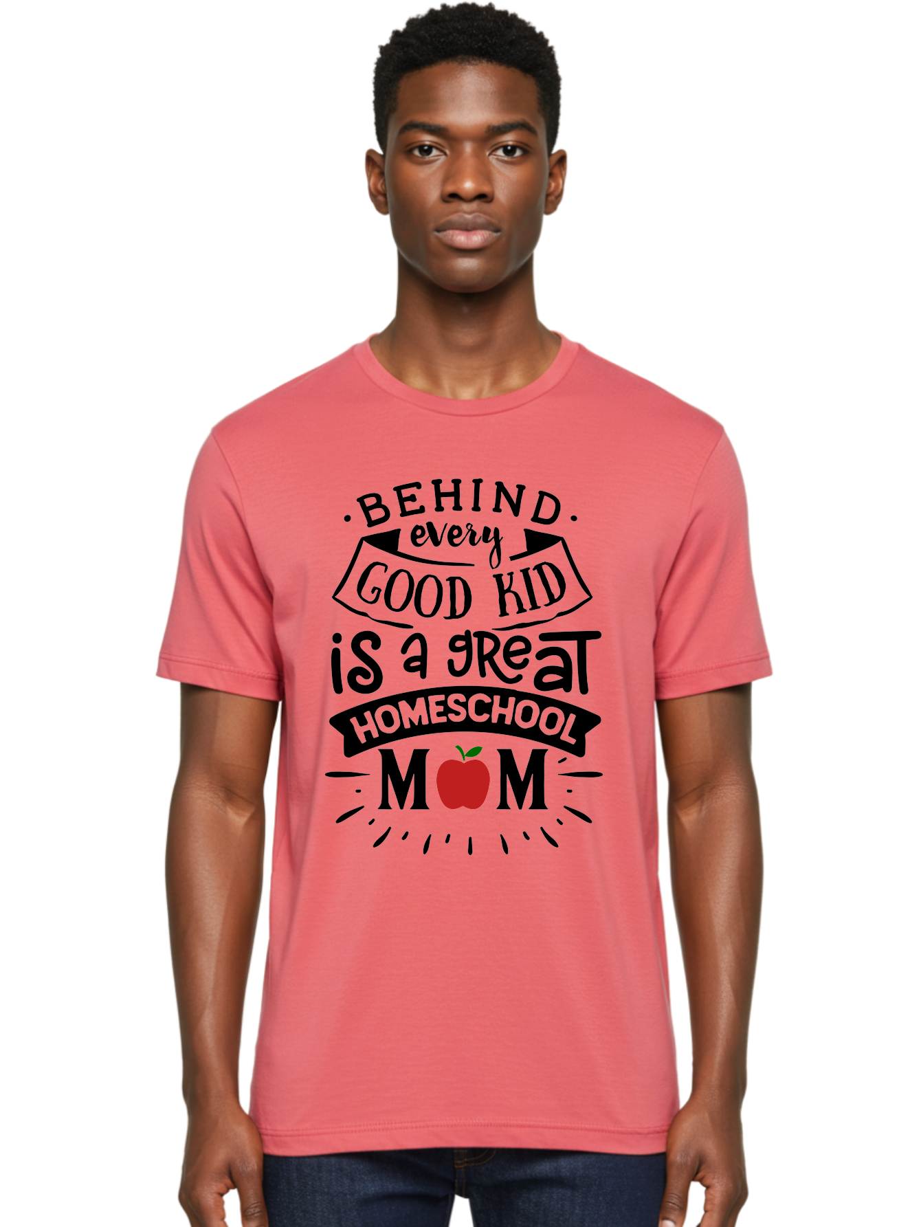 Behind-Every-Good-Kid-2 Men'S Graphic Tee, 100% Cotton, Comfortable Casual Summer Wear, Machine Washable, Homeschool Mom Appreciation, Proud Mom Quote, Homeschooling Inspiration, Motherhood Dedication, Apple Symbol, Educational Support, Aab314