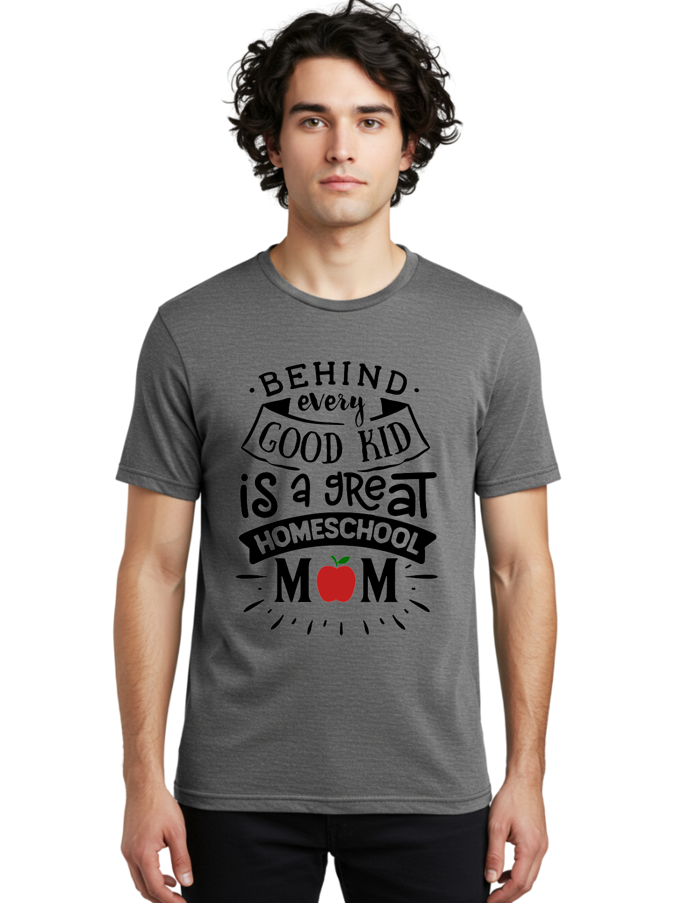 Behind-Every-Good-Kid-2 Men'S Graphic Tee, 100% Cotton, Comfortable Casual Summer Wear, Machine Washable, Homeschool Mom Appreciation, Proud Mom Quote, Homeschooling Inspiration, Motherhood Dedication, Apple Symbol, Educational Support, Aab314