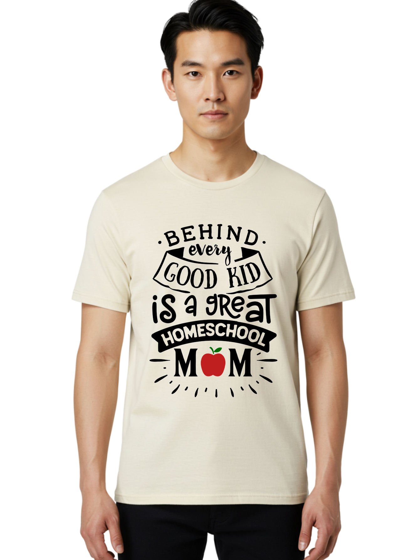 Behind-Every-Good-Kid-2 Men'S Graphic Tee, 100% Cotton, Comfortable Casual Summer Wear, Machine Washable, Homeschool Mom Appreciation, Proud Mom Quote, Homeschooling Inspiration, Motherhood Dedication, Apple Symbol, Educational Support, Aab314