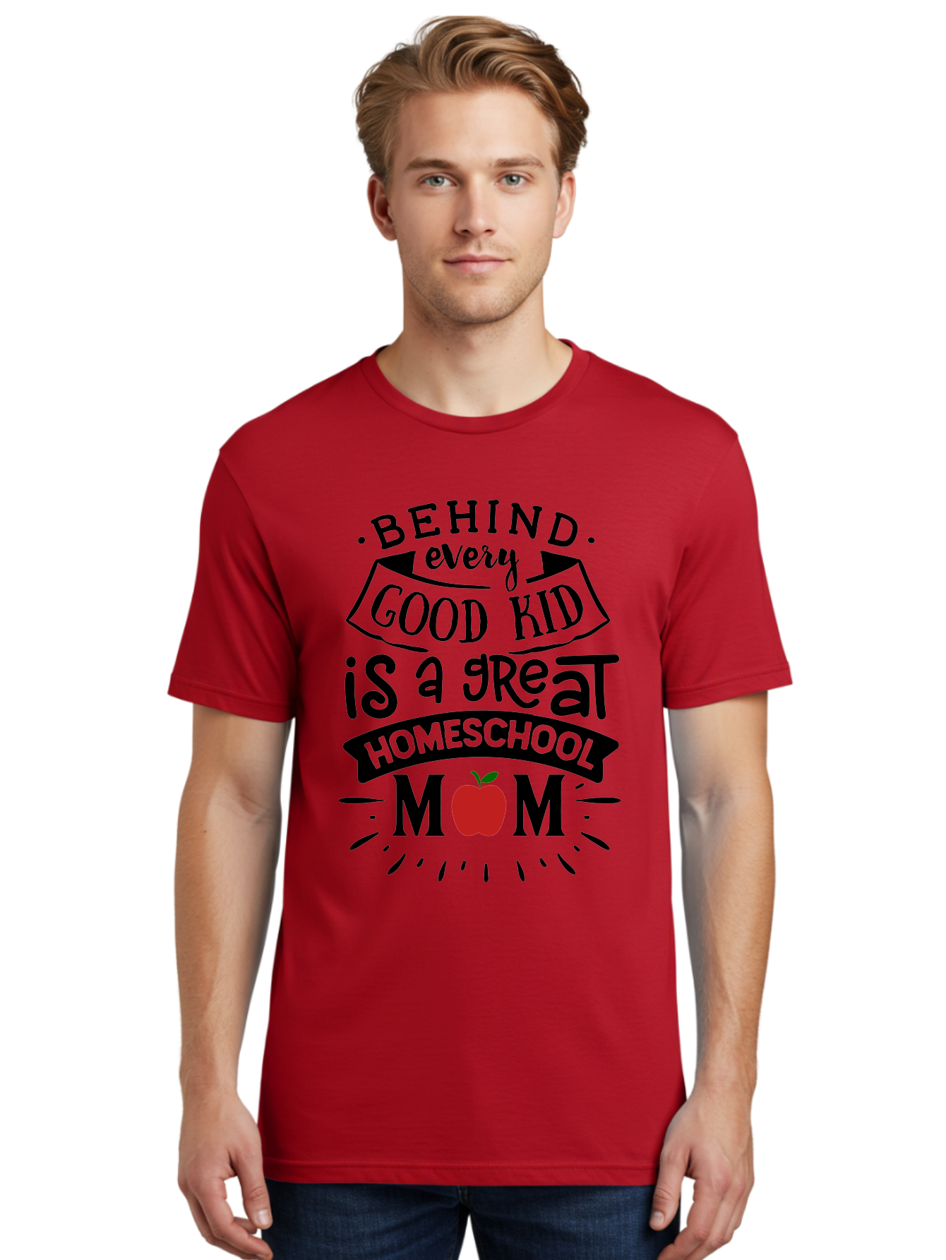 Behind-Every-Good-Kid-2 Men'S Graphic Tee, 100% Cotton, Comfortable Casual Summer Wear, Machine Washable, Homeschool Mom Appreciation, Proud Mom Quote, Homeschooling Inspiration, Motherhood Dedication, Apple Symbol, Educational Support, Aab314