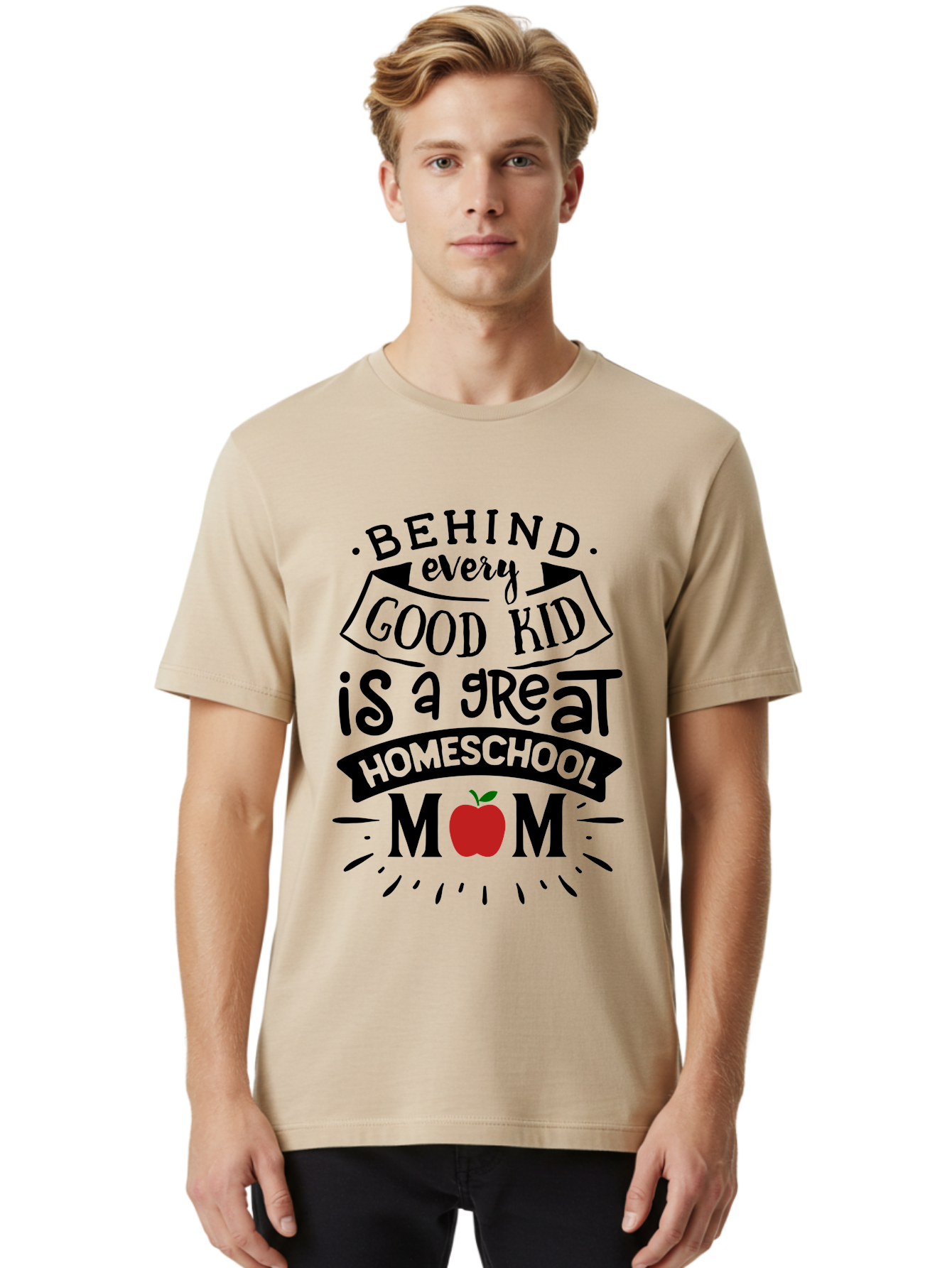 Behind-Every-Good-Kid-2 Men'S Graphic Tee, 100% Cotton, Comfortable Casual Summer Wear, Machine Washable, Homeschool Mom Appreciation, Proud Mom Quote, Homeschooling Inspiration, Motherhood Dedication, Apple Symbol, Educational Support, Aab314