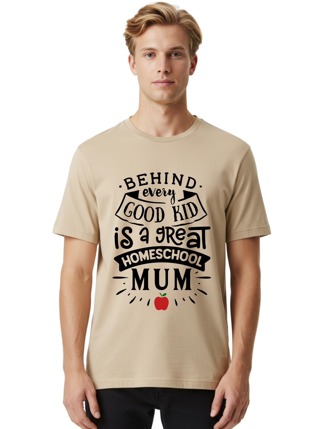 Behind-Every-Good-Kid-3 Men'S Graphic Tee, 100% Cotton, Comfortable Casual Summer Wear, Machine Washable, Homeschool Mum Appreciation, Proud Homeschool Parent, Supportive Mother, Homeschooling Journey, Behind Every Good Kid, Aab315