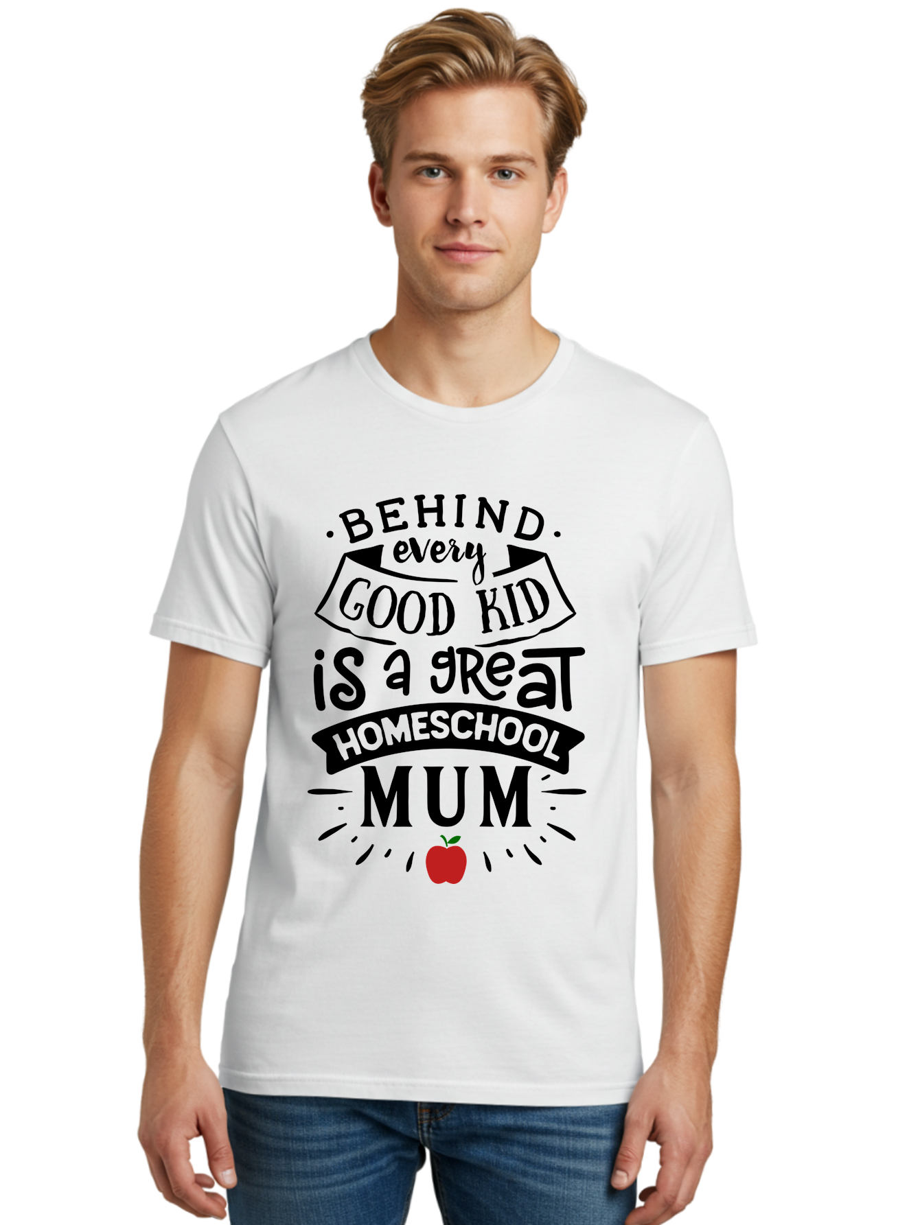 Behind-Every-Good-Kid-3 Men'S Graphic Tee, 100% Cotton, Comfortable Casual Summer Wear, Machine Washable, Homeschool Mum Appreciation, Proud Homeschool Parent, Supportive Mother, Homeschooling Journey, Behind Every Good Kid, Aab315