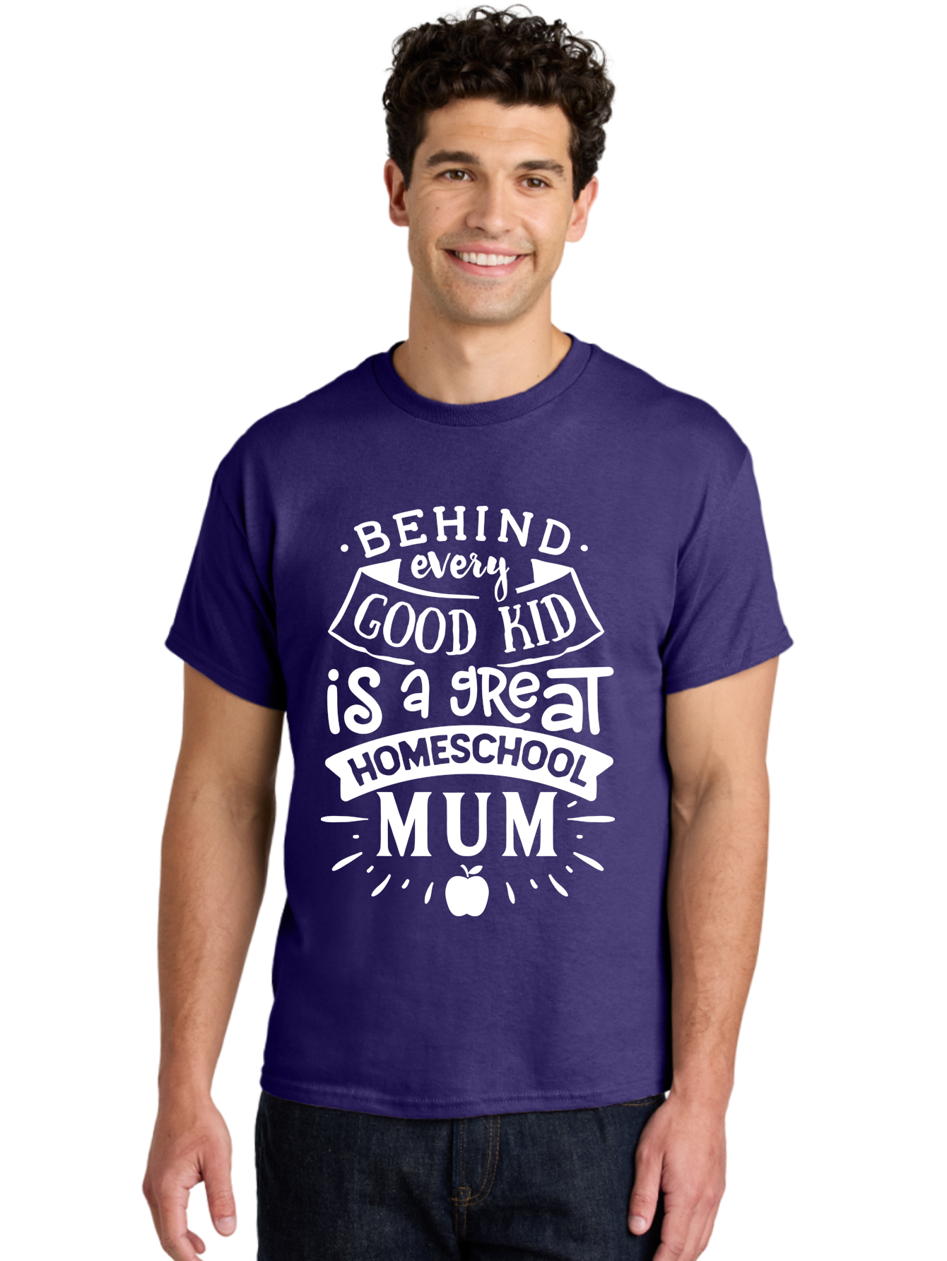 Behind-Every-Good-Kid-Is-A-Great-Homeschool-Mum-1 Men'S Graphic Tee, 100% Cotton, Comfortable Casual Summer Wear, Machine Washable, Homeschool Mum Appreciation, Parenting Quote, Educational Support, Motherhood Tribute, Aab316