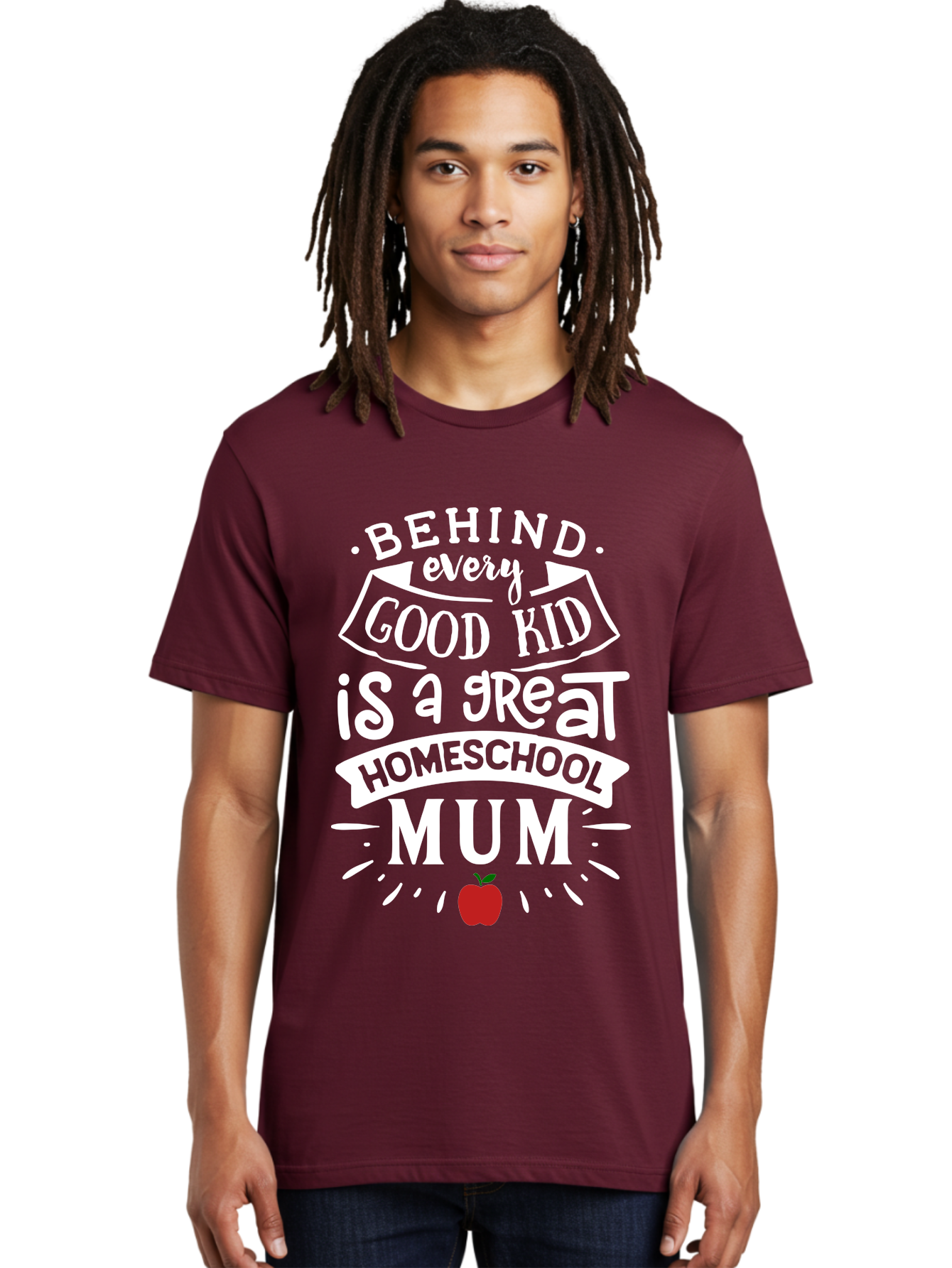 Behind-Every-Good-Kid-Is-A-Great-Homeschool-Mum-2 Men'S Graphic Tee, 100% Cotton, Comfortable Casual Summer Wear, Machine Washable, Homeschooling Mom, Proud Parent, Homeschool Quote, Apple Symbol, Educational Support, Parenting Pride, Aab317