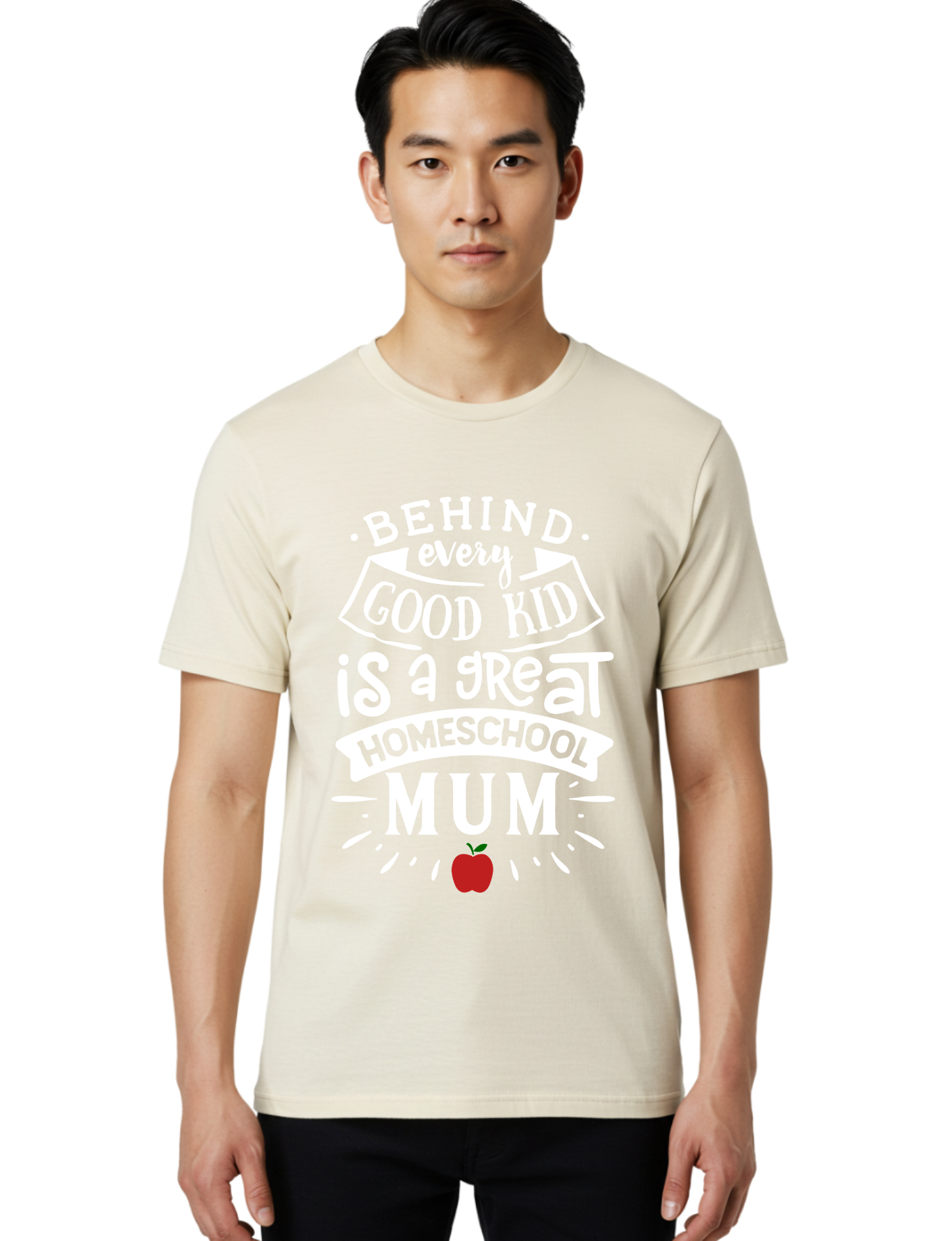 Behind-Every-Good-Kid-Is-A-Great-Homeschool-Mum-2 Men'S Graphic Tee, 100% Cotton, Comfortable Casual Summer Wear, Machine Washable, Homeschooling Mom, Proud Parent, Homeschool Quote, Apple Symbol, Educational Support, Parenting Pride, Aab317